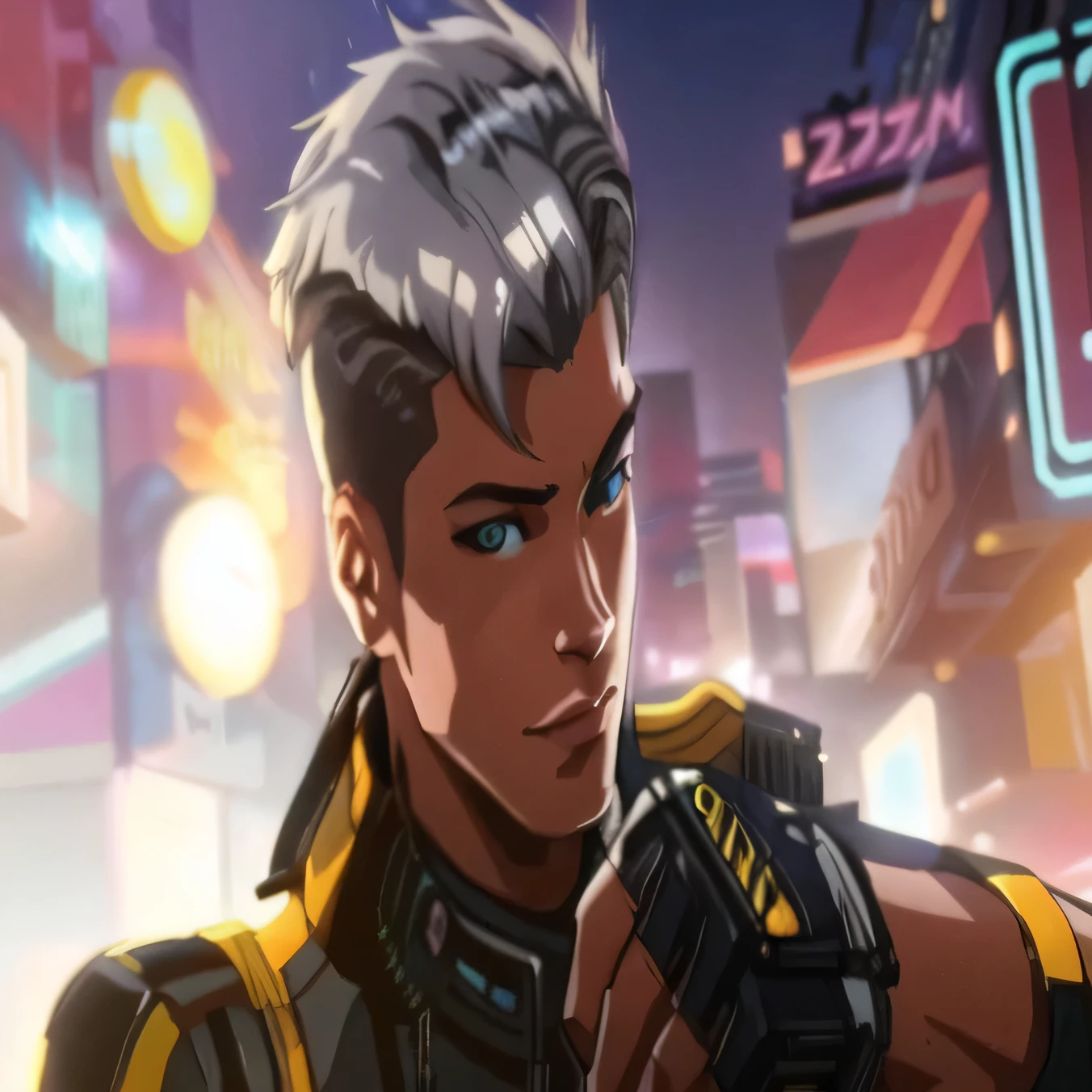 a close up of a person holding a city, in cyber punk 2077, cyberpunk 2077 rossdraws, a  cyberpunk cyborg, hero pose colorful city lighting, cyber punk setting, smug look, cyber-punk, cyber - punk, cyber style, cyber universe style, cyberpunk dyed haircut, wearing cyberpunk 2 0 7 7 jacket