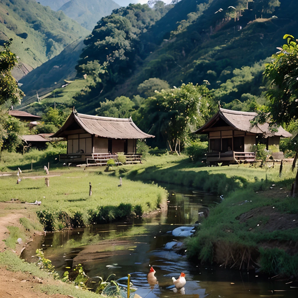 Next to the stream, a vineyard and a small hut were planted with bamboo trees from the upper region of Myanmar, where chickens, pigs and cows were raised.