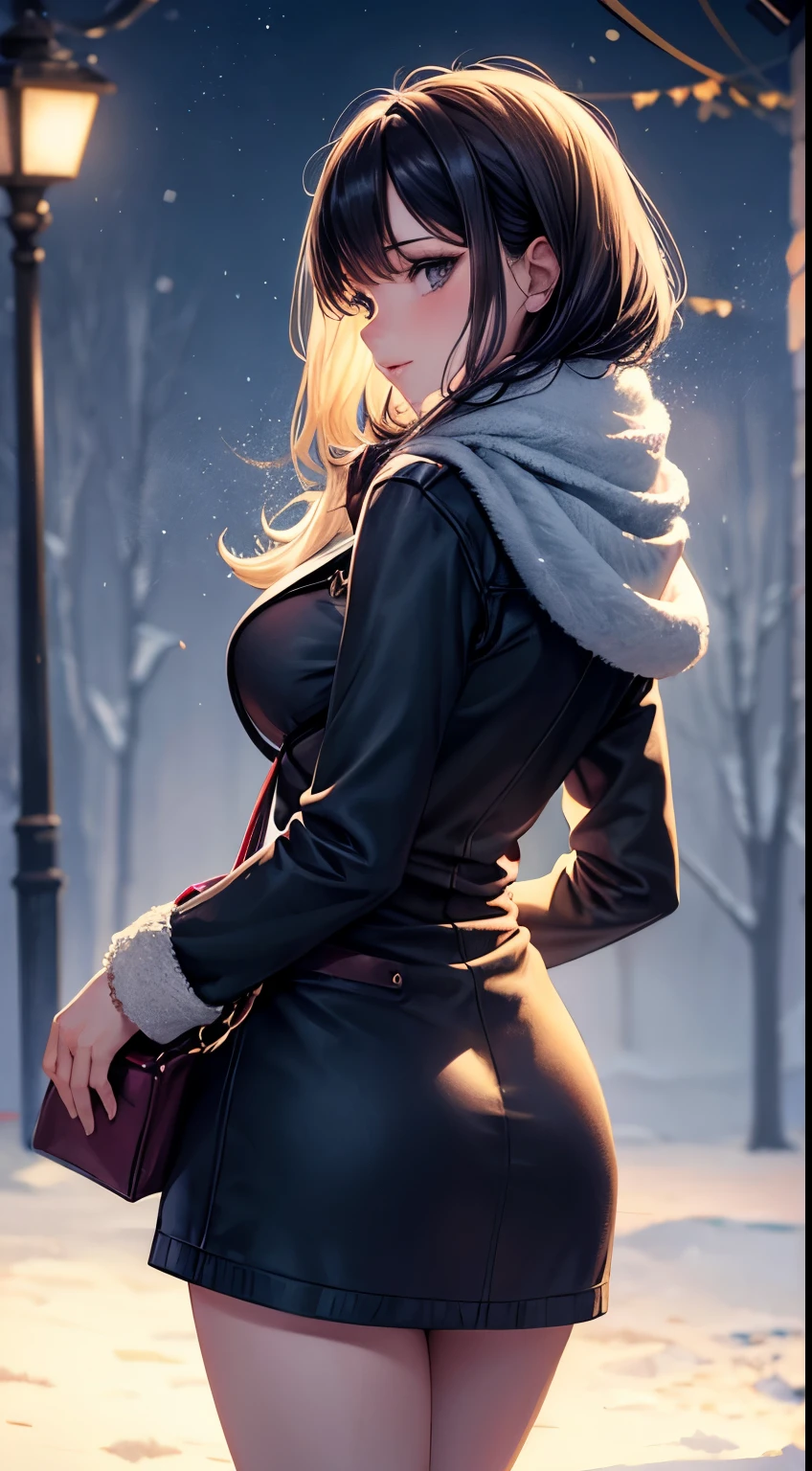 beautiful woman, 30s, winter clothes, butt, 2d background with light effects, soft lighting