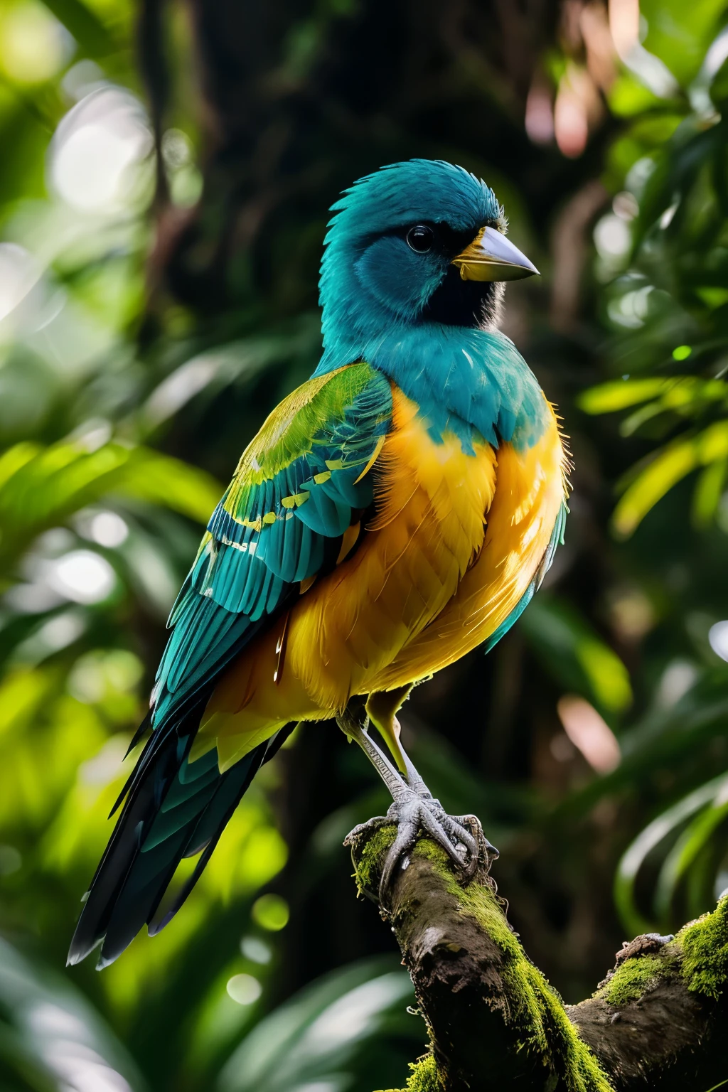 In the heart of a complex rainforest, as the sunrise breaks through the dense canopy, a beautiful bird is captured in a captivating close-up. The intricate details of its iridescent plumage are captured in breathtakingly high definition, with every feather's texture rendered with exquisite precision. Volumetric lighting breathes life into the scene, casting a warm, inviting glow upon the bird as it perches on a branch. This stunning picture is a masterwork of photography, showcasing the artists' skill in capturing the intricacies of nature with the finest detail possible. Shot in Ultra HD image quality, the resulting high resolution image is a feast