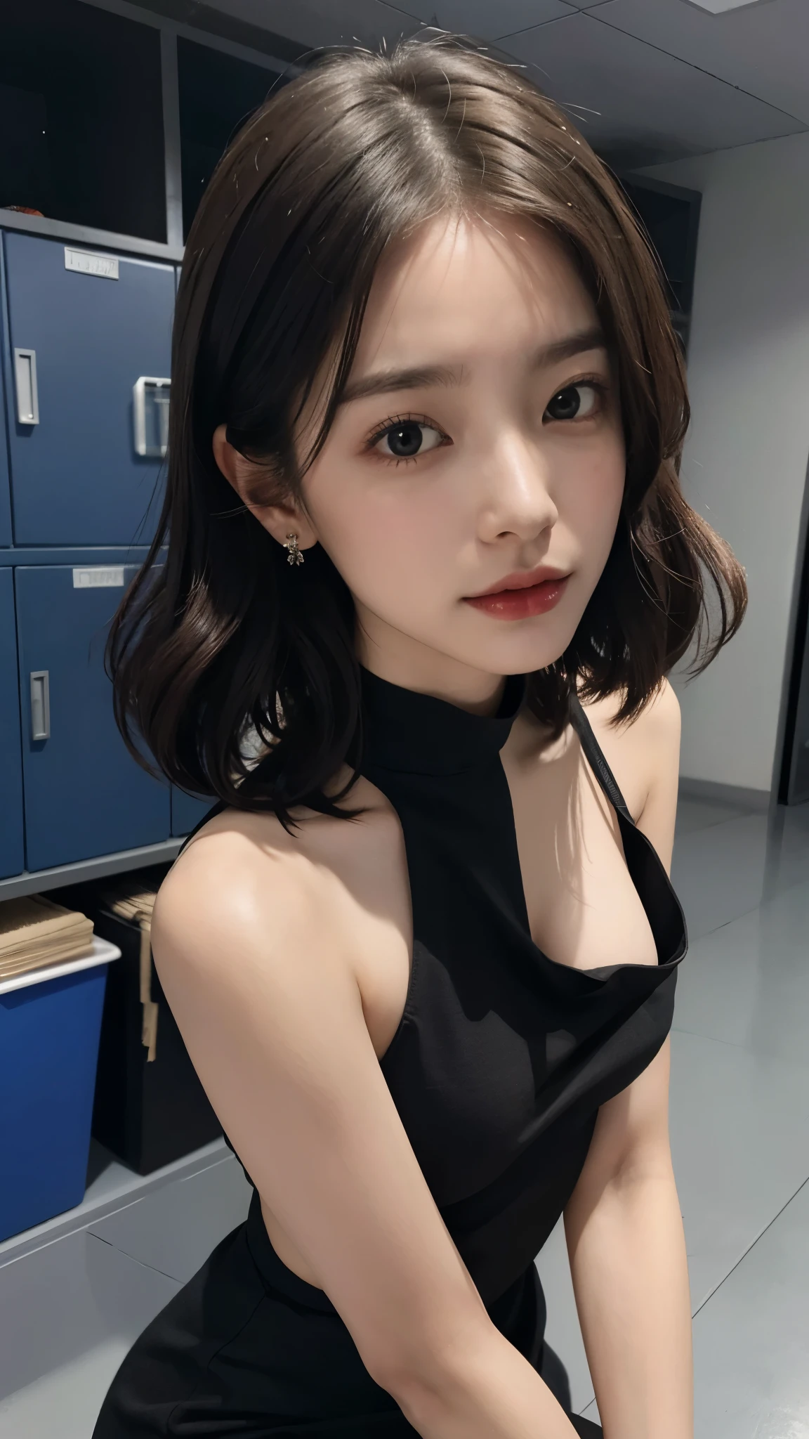 ridiculous, original photo, extremely delicate and beautiful, masterpiece, best quality, ultra high resolution, 16k, hyper-realistic, Super detailed, perfect anatomy, Super fine skin, Perfect body, Very detailed CG 8k wallpaper, in my 20s, Very slim figure, Willow Yao, The head is small, The face is small, The facial details are very rich, very detailed eyes, tear nevus, earrings, thin legs, ((very huge round breasts)), 1 girl, ((full-body shot)), bare legs, short hair, curls, light brown hair, ((football)), (locker room), sleeveless, diaphragm,