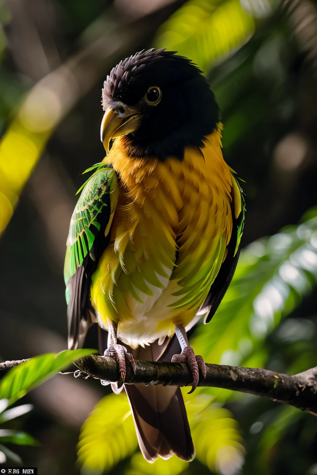 In the heart of a complex rainforest, as the sunrise breaks through the dense canopy, a beautiful bird is captured in a captivating close-up. The intricate details of its iridescent plumage are captured in breathtakingly high definition, with every feather's texture rendered with exquisite precision. Volumetric lighting breathes life into the scene, casting a warm, inviting glow upon the bird as it perches on a branch. This stunning picture is a masterwork of photography, showcasing the artists' skill in capturing the intricacies of nature with the finest detail possible. Shot in Ultra HD image quality, the resulting high resolution image is a feast