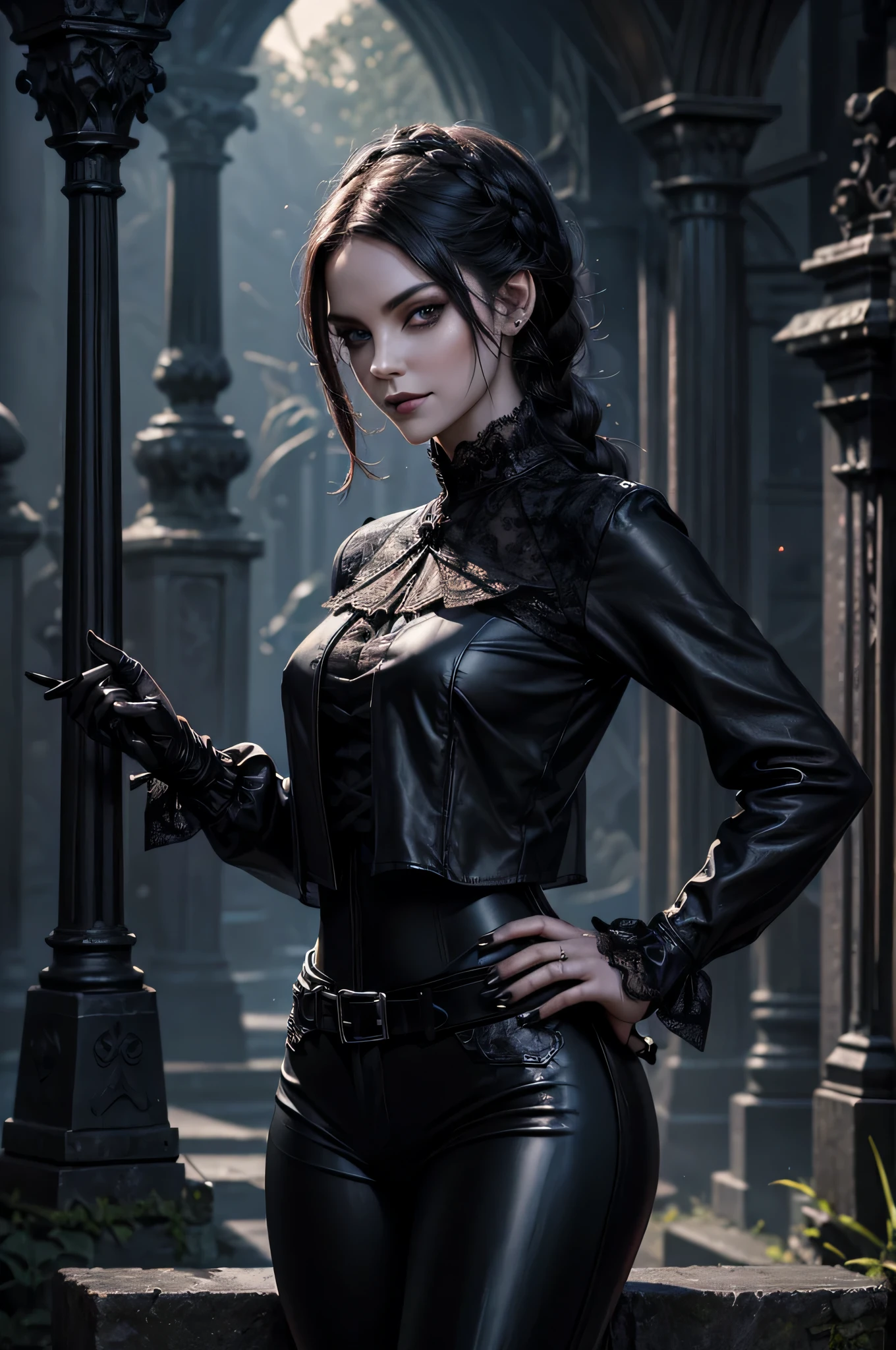 Evil gothic Violet Orlandi, misstress pf darkness, half smiling, ((fully covered in leather outfits)), ((((black leather pant)))), ((((black silk and lace blouse)))), black makeup, black nails, dangerous, confident, charismatic, Royo style, 4 9 9 0 s, complexe, detailled eyes, ((((looking at viewer)))), detailled skin, confident, perfects small breasts, Background in the picture: the paths of a Gothic cemetery with tombstones and ancient vaults, at night, highly detailed, digital painting, ArtStation, concept art, smooth, sharp focus, Illustration by Wlop, Charlie Bowater et Alexandra Fomina, crazy eyes, solid circle eyes, seductive smile, braid, Gothic art, masterpiece, 4K, award winning