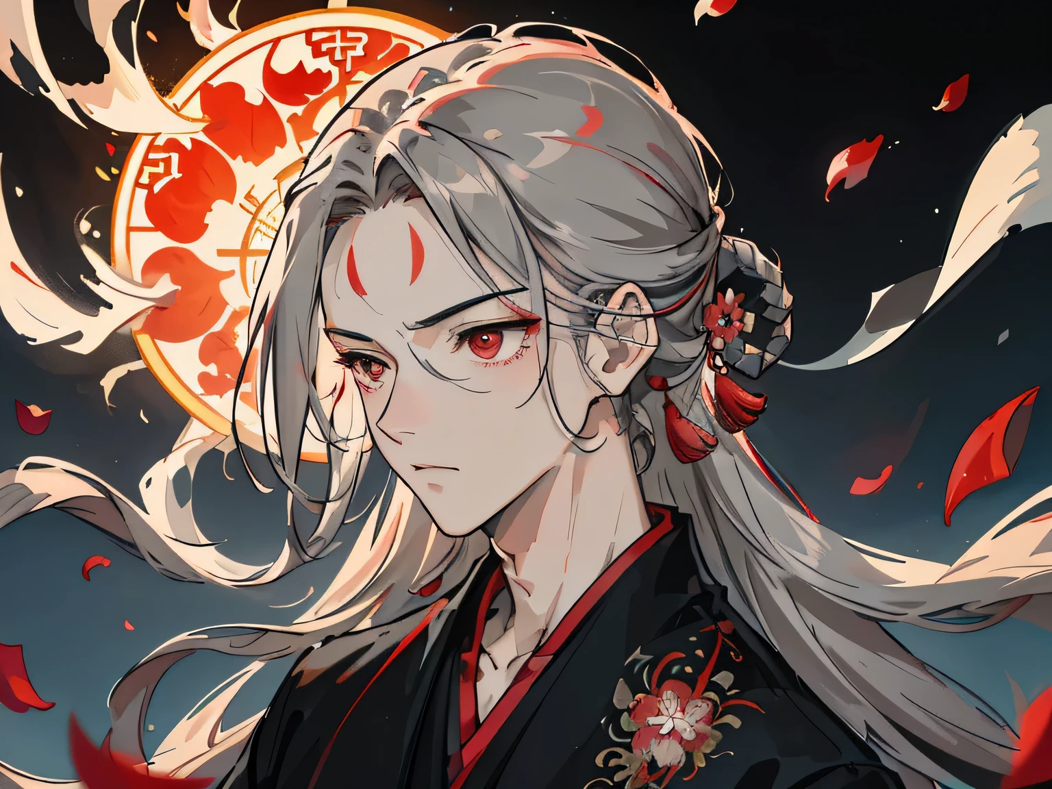 adult male, strong, red eyes, long gray hair, flowing hair, Wipe your forehead, flying bangs, firm eyes, ancient chinese clothing, Gorgeous accessories, There is magic smoke around him, field of view, F/1.8, masterpiece, ancient chinese architecture, night, petals flying, Frontal portrait shooting, Side lighting, Moonlight shines on people, 8k, human development report, ultra high definition, semi-realistic
