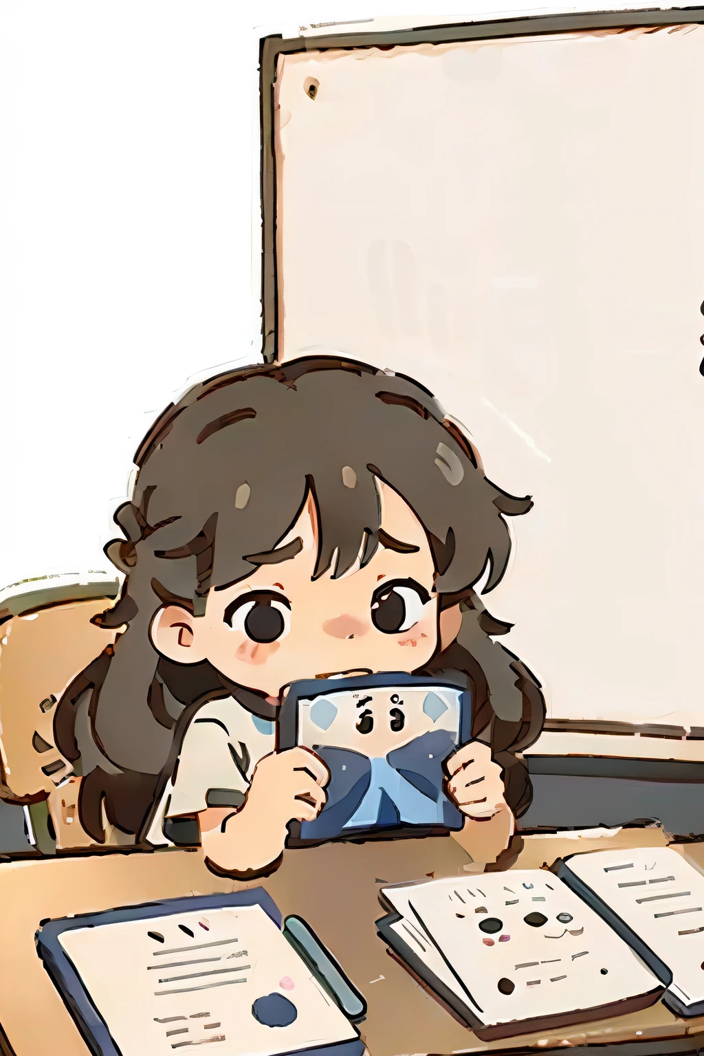 Girl with long hair, round face, big eyes, desk work sad