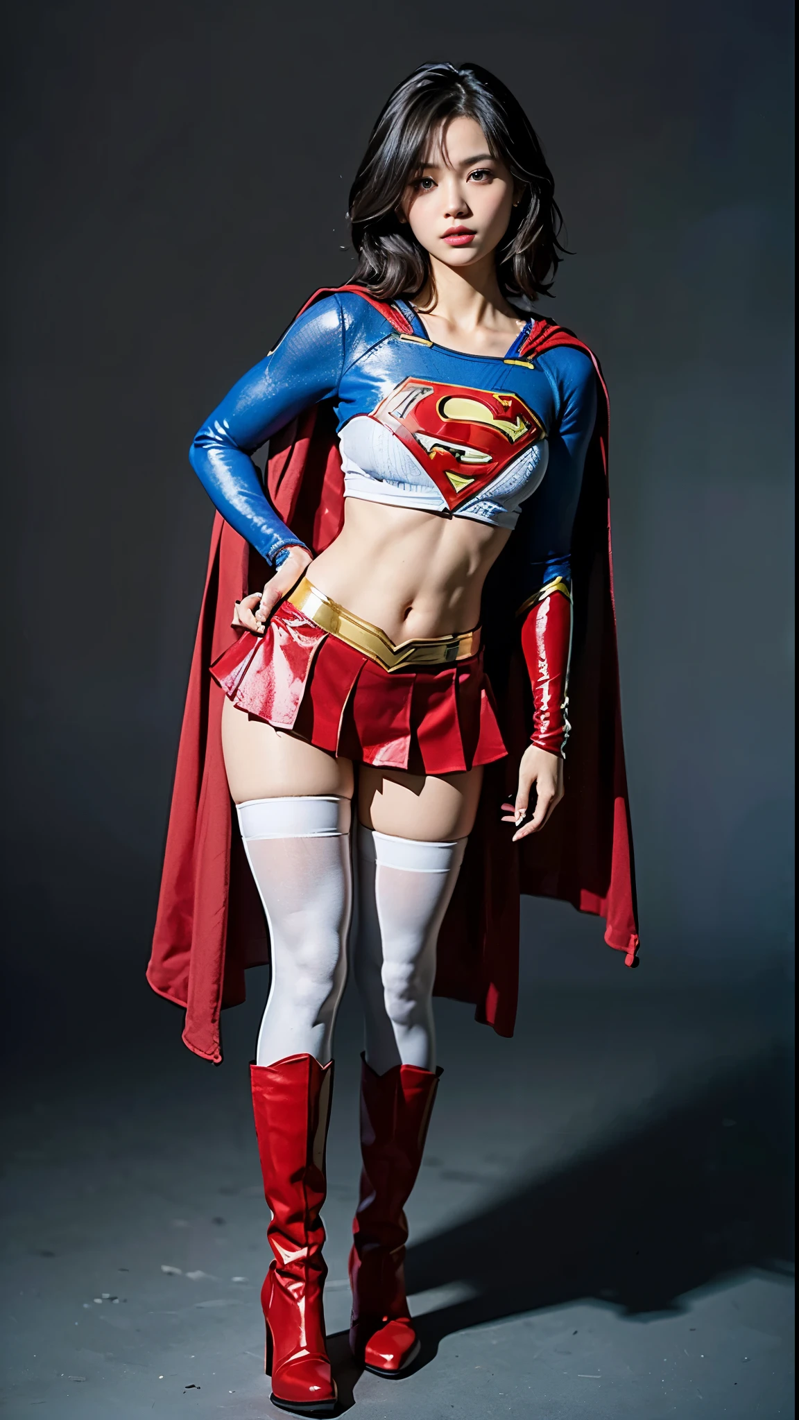 expression of pain、suffering、weakness、die、Beautiful girl fighting、Japanese、Cute beautiful Iful Girl、(((Wear black tights on your beautiful legs.)))、(((beautiful feet)))、(((open thighs)))、((((Make the most of your original images)))、(((Supergirl costumes)))、(((Beautiful hair with short cuts)))、(((I was injured)))、(((Be sure to wear black tights on your feet)))、(((must wear red boots)))、((best image quality、8K))、((highest quality、8K、masterpiece:1.3))、(((Keep your background simple)))、sharp focus:1.2、beautiful woman with perfect figure:1.4、thin abs:1.2、wet body:1.5、Highly detailed face and skin texture、8K、Keep your background simple