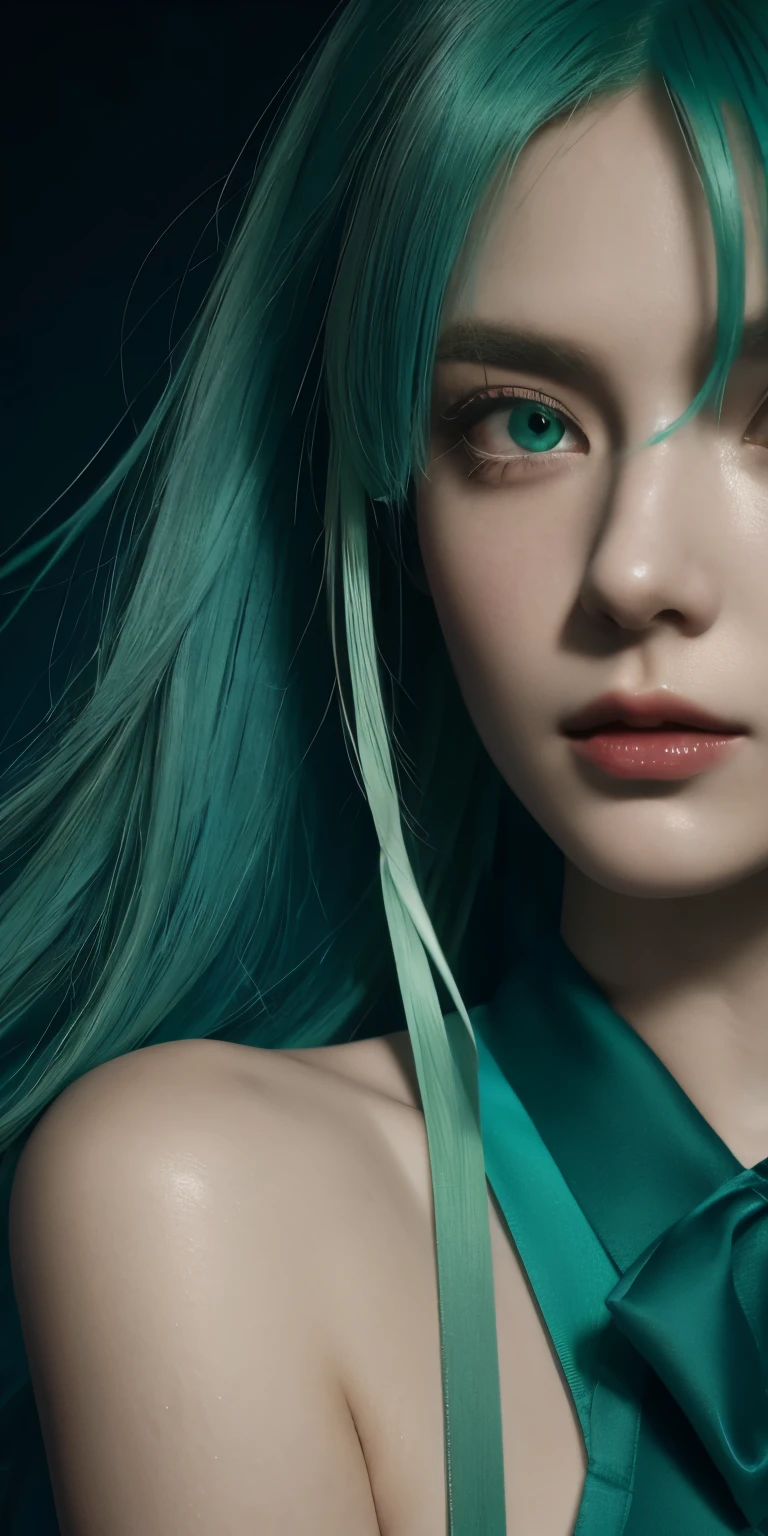 teal and green hair, hair ribbon, Surrealism, cinematic lighting, close-up, UHD, high details, masterpiece