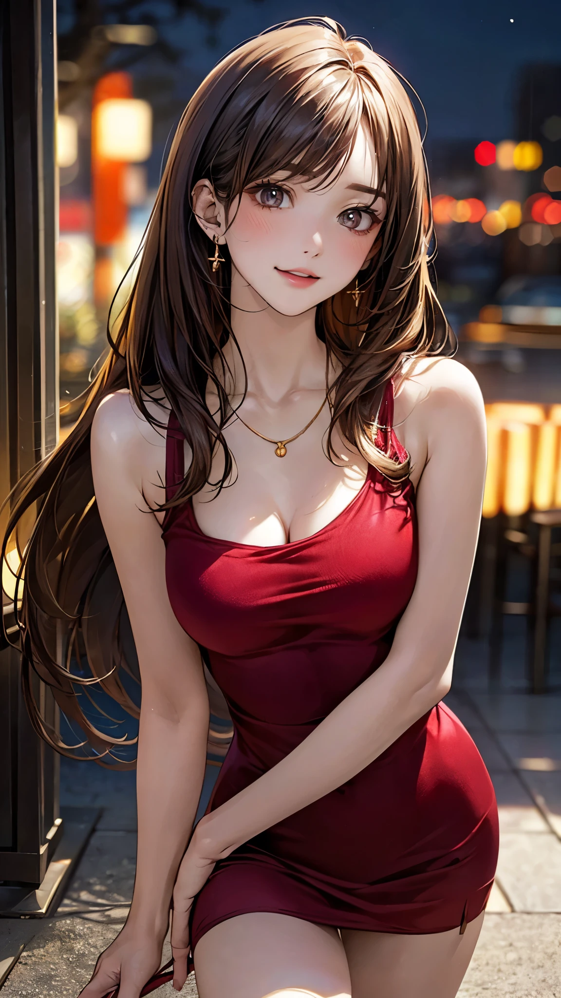 (masterpiece:1.2, top-quality), (realistic, photorealistic:1.4), beautiful illustration, (natural side lighting, movie lighting), 
looking at viewer, 1 girl, japanese, , perfect face, perfect body, cute and symmetrical face, shiny skin, babyface, 
(long hair, straight hair, long sideburns, (hair intakes), blond hair), swept bangs, gold eyes, big eyes, (middle breasts, seductive thighs), piercings, 
beautiful hair, beautiful face, beautiful detailed eyes, beautiful clavicle, beautiful body, beautiful chest, beautiful thigh, beautiful legs, beautiful fingers, 
((red shorttubedress), necklace), 
(beautiful scenery), night, (bar), walking, (lovly smile, upper eyes), 