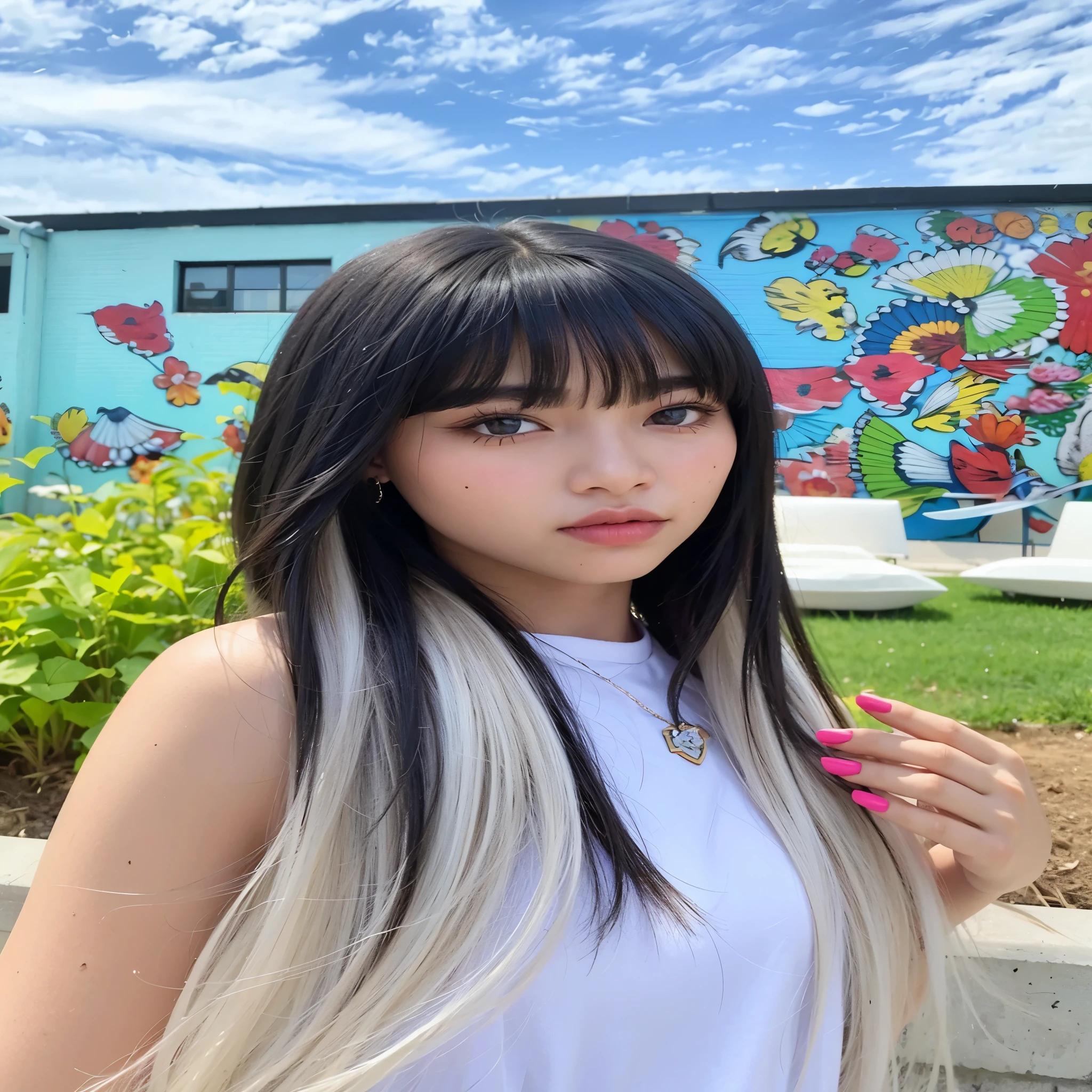 Un primer plano de una mujer con cabello largo y negro y una blusa blanca, Lalisa Manobal, Minnie de gidle, pelo negro y flequillo blanco, parque roseanne de blackpink, pelo largo y blanco y flequillo, pelo largo con flequillo completo, peinado de corte hime blanco, el corte de hime, pelo largo con flequillo, cabello con flequillo blanco, sal y pimienta pelo