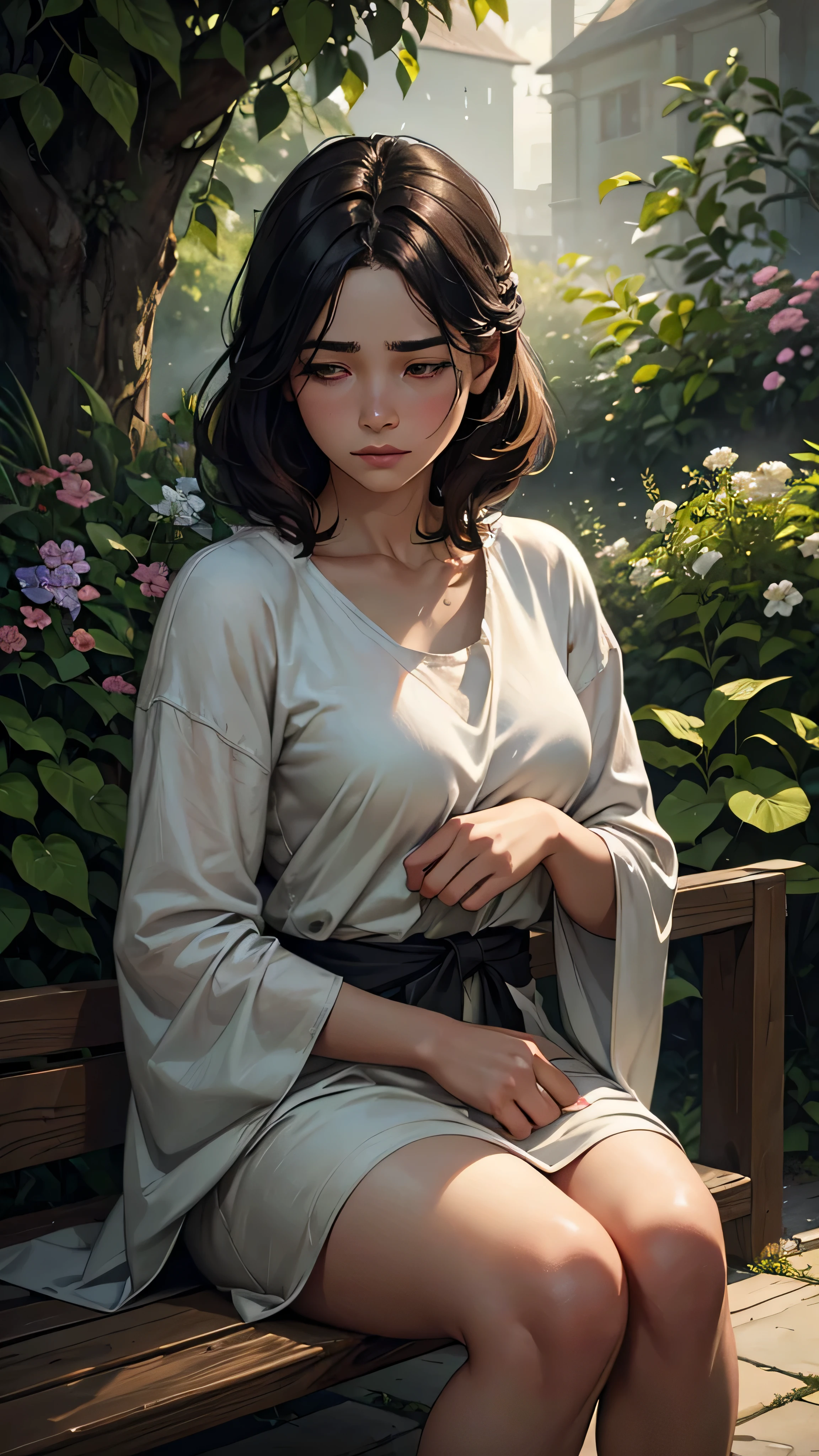 (best quality, highres, ultra-detailed, realistic:1.37), (HDR, studio lighting), (portraits, sensitive), (dark, muted colors), (soft, diffused, gentle), (loneliness, vulnerability)
A sad blind girl, oil painting, sitting alone on a wooden bench in a misty garden. She has beautiful detailed eyes, but they are unfocused and clouded, revealing her blindness. Her face displays a mixture of sadness and contemplation, with beautiful detailed lips gently pressed together. The artist has captured the immense loneliness and vulnerability that she feels. The garden around her is filled with lush greenery and delicate flowers, adding a sense of tranquility to the scene. The atmosphere is heavy with a soft, diffused light that casts gentle shadows on her face. The colors in the painting are dark and muted, evoking a somber mood. The overall effect is a sensitive and emotionally profound portrait that invites the viewer to empathize with the girl's inner world of darkness.