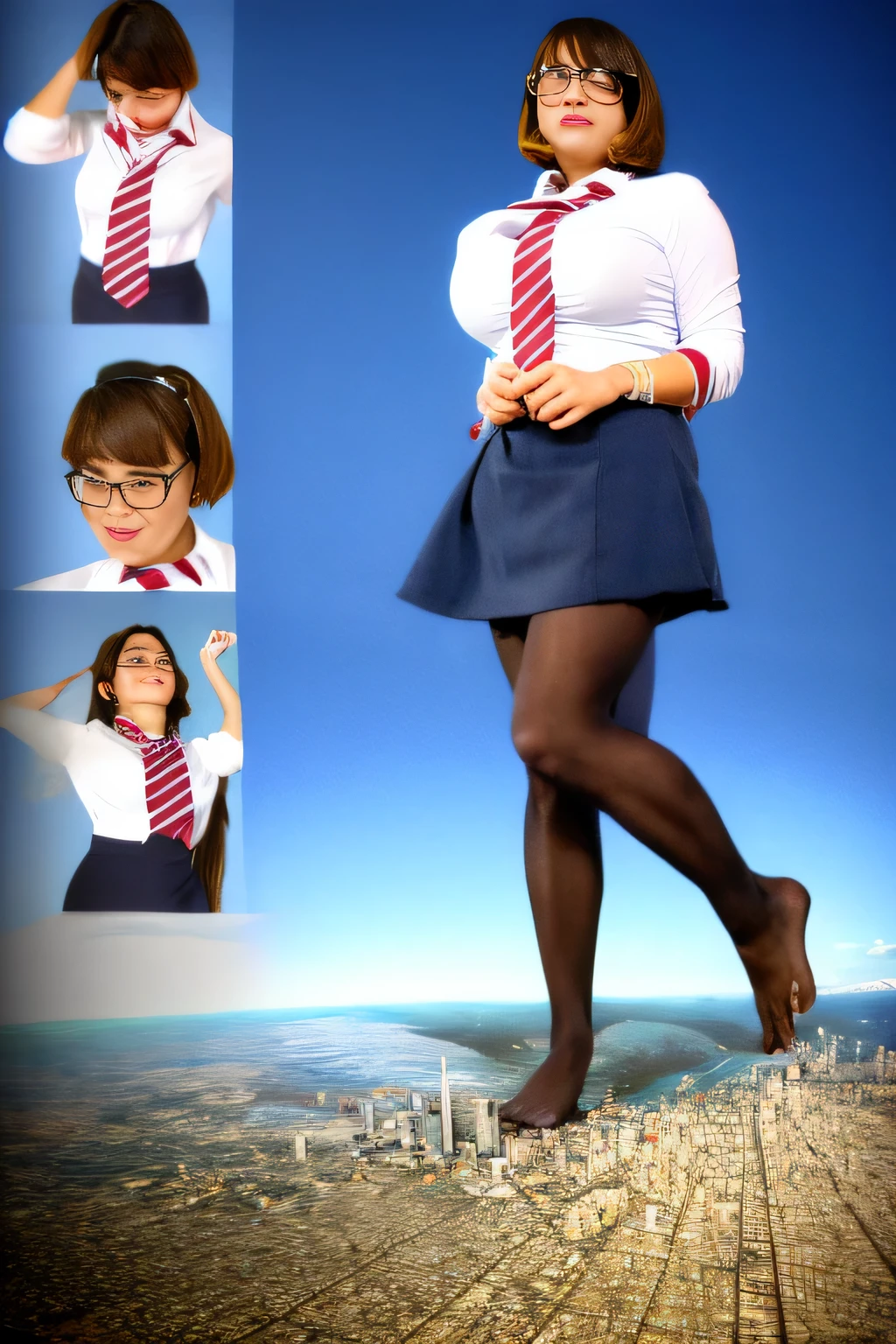 Giantの芸術, 非常に詳細なGiantショット, Giant, short hair, A high school girl who is much bigger than a skyscraper, wearing rimless glasses, big breasts, big ass, navy blue blazer, red tie, mini skirt, black pantyhose, pantyhose barefoot, very small metropolis, miniature metropolis, crush the big city, full body description, GTS, ギガGiant, Stomping City, crash city, Small town, micro city, High resolution, highest quality, masterpiece,