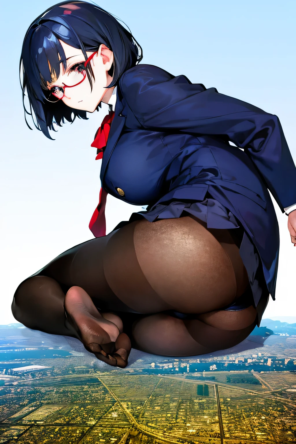 Giantの芸術, 非常に詳細なGiantショット, Giant, short hair, A high school girl who is much bigger than a skyscraper, wearing rimless glasses, big breasts, big ass, navy blue blazer, red tie, mini skirt, black pantyhose, pantyhose barefoot, very small metropolis, miniature metropolis, crush the big city, full body description, GTS, ギガGiant, Stomping City, crash city, Small town, micro city, High resolution, highest quality, masterpiece,