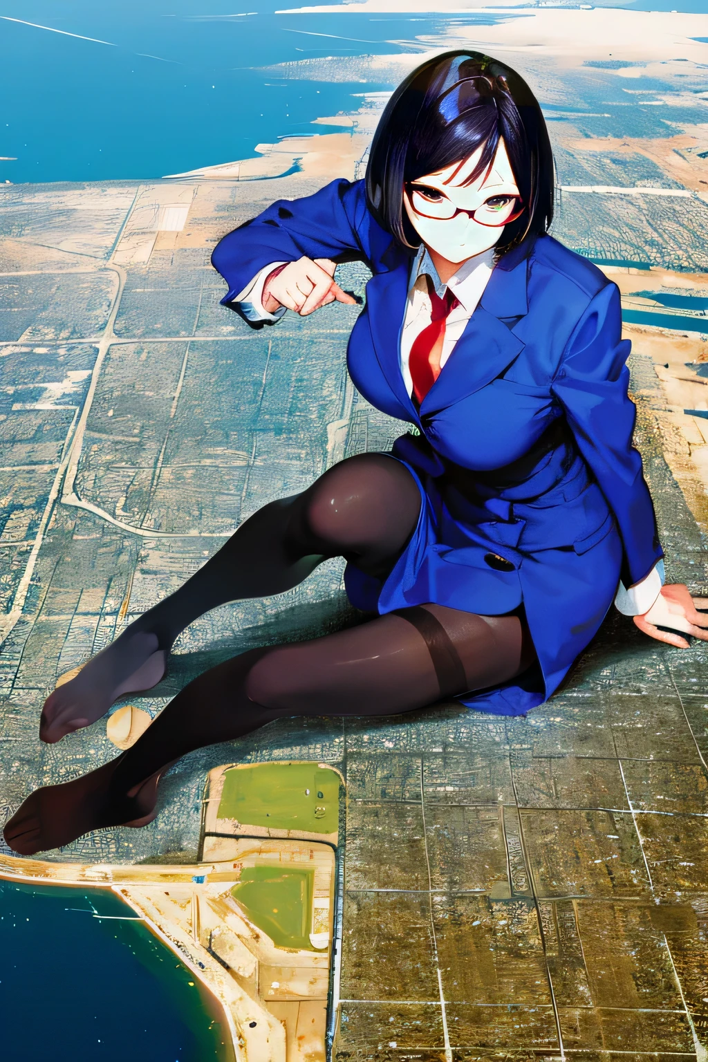 Giantの芸術, 非常に詳細なGiantショット, Giant, short hair, A high school girl who is much bigger than a skyscraper, wearing rimless glasses, big breasts, big ass, navy blue blazer, red tie, mini skirt, black pantyhose, pantyhose barefoot, very small metropolis, miniature metropolis, crush the big city, full body description, GTS, ギガGiant, Stomping City, crash city, Small town, micro city, High resolution, highest quality, masterpiece,