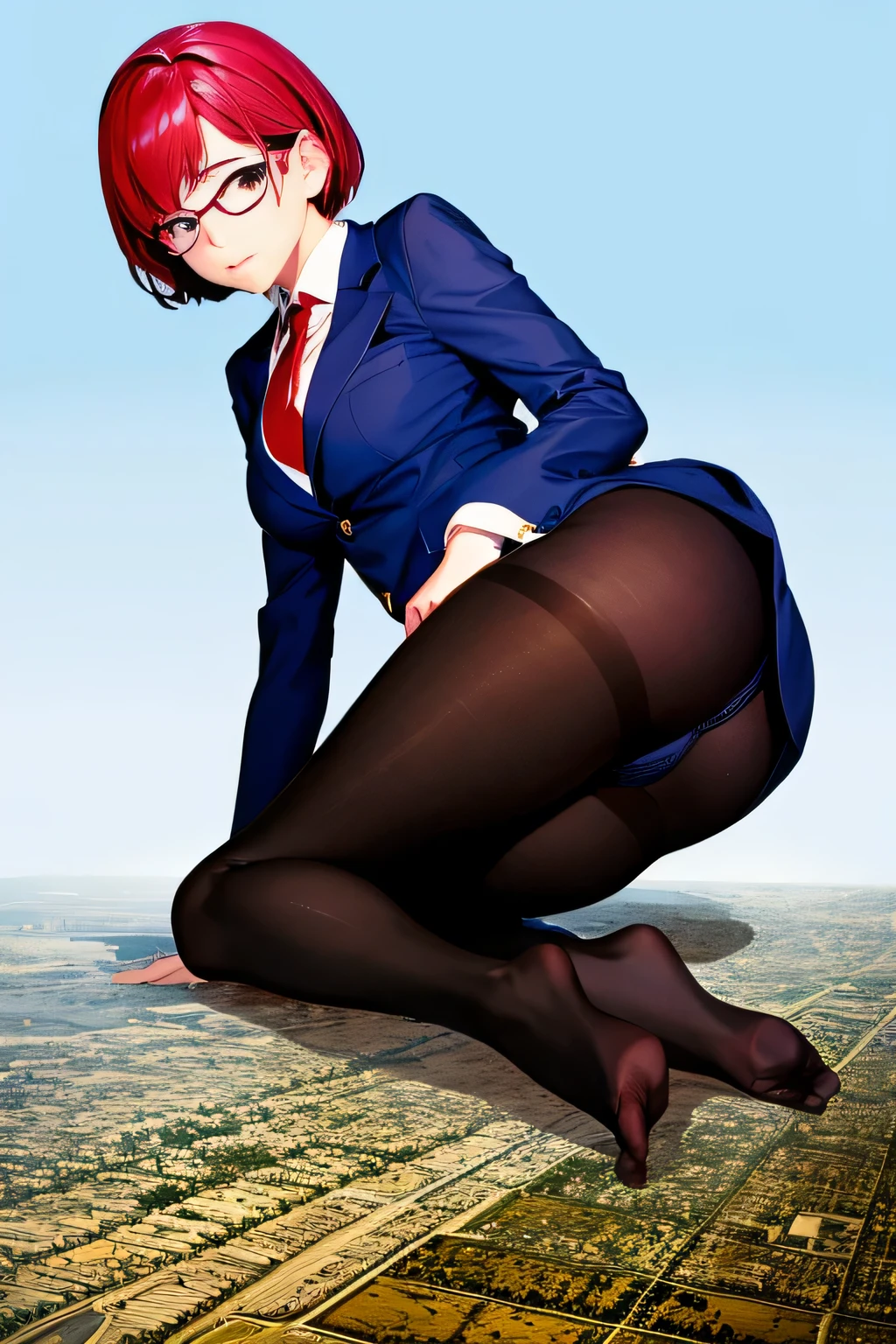 Giantの芸術, 非常に詳細なGiantショット, Giant, short hair, A high school girl who is much bigger than a skyscraper, wearing rimless glasses, big breasts, big ass, navy blue blazer, red tie, mini skirt, black pantyhose, pantyhose barefoot, very small metropolis, miniature metropolis, crush the big city, full body description, ＧＴＳ, ギガGiant, Stomping City, crash city, Small town, micro city, High resolution, highest quality, masterpiece, 