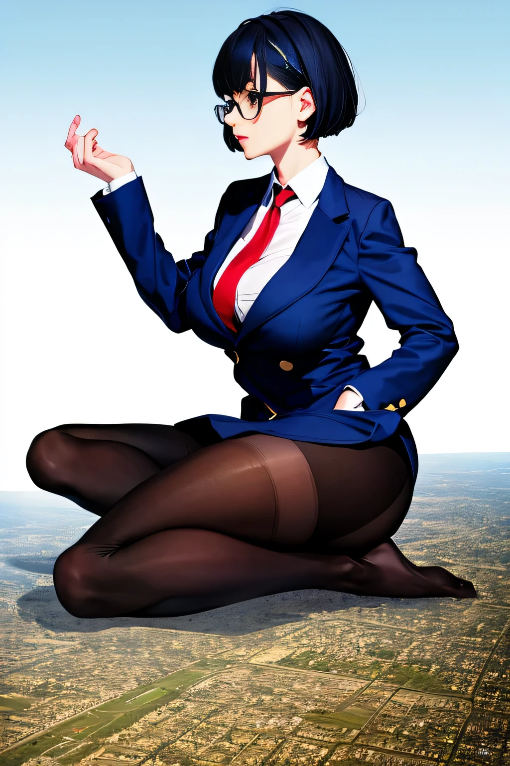 Giantの芸術, 非常に詳細なGiantショット, Giant, short hair, A high school girl who is much bigger than a skyscraper, wearing rimless glasses, big breasts, big ass, navy blue blazer, red tie, mini skirt, black pantyhose, pantyhose barefoot, very small metropolis, miniature metropolis, crush the big city, full body description, ＧＴＳ, ギガGiant, Stomping City, crash city, Small town, micro city, High resolution, highest quality, masterpiece, 