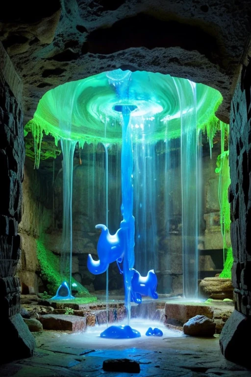 cave、ancient ruins、dim、Slime、slimy magical creature、bones floating in liquid、ほのかに光っているSlime、spooky、horror