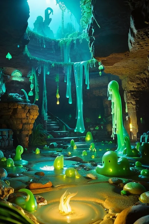 cave、ancient ruins、dim、Slime、slimy magical creature、bones floating in liquid、ほのかに光っているSlime、spooky、horror