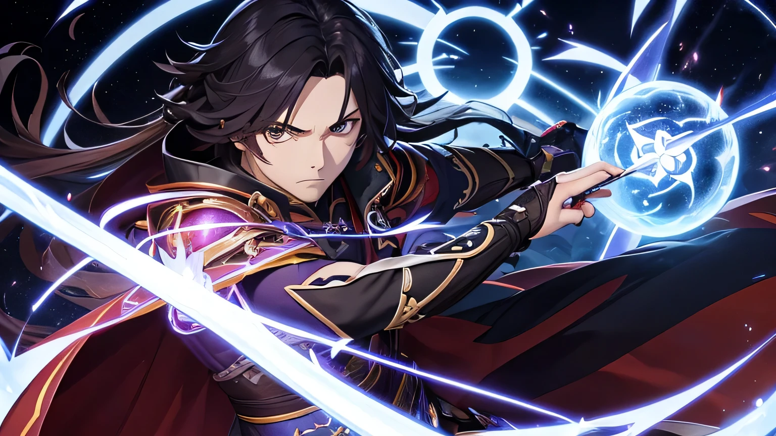um close up de uma homem de cabelo preto segurando uma bola de energia vermelha em uma floresta, Impacto Genshin character, ayaka game Impacto Genshin, ayaka Impacto Genshin, video game Impacto Genshin, Impacto Genshin style, he is casting a lighting spell, fantasy game spell, Impacto Genshin, keqing from Impacto Genshin, casting epic spell, popular isekai anime
