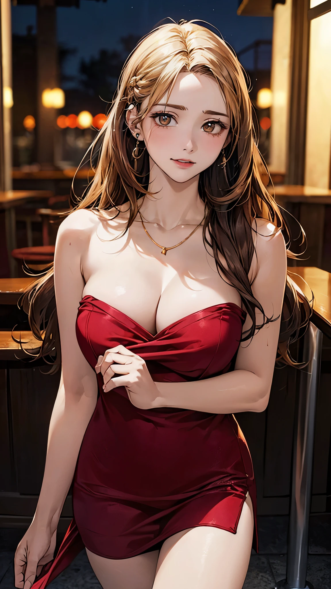 (masterpiece:1.2, top-quality), (realistic, photorealistic:1.4), beautiful illustration, (natural side lighting, movie lighting), 
looking at viewer, 1 girl, japanese, 17 years old, perfect face, perfect body, cute and symmetrical face, shiny skin, babyface, 
(long hair, straight hair, (sideburns:1.5), (hair intakes:1.6), blond hair), swept bangs, gold eyes, big eyes, (middle breasts, seductive thighs), piercings, 
beautiful hair, beautiful face, beautiful detailed eyes, beautiful clavicle, beautiful body, beautiful chest, beautiful thigh, beautiful legs, beautiful fingers, 
((red shorttubedress), necklace), 
(beautiful scenery), night, (bar), walking, (lovly smile, upper eyes), 