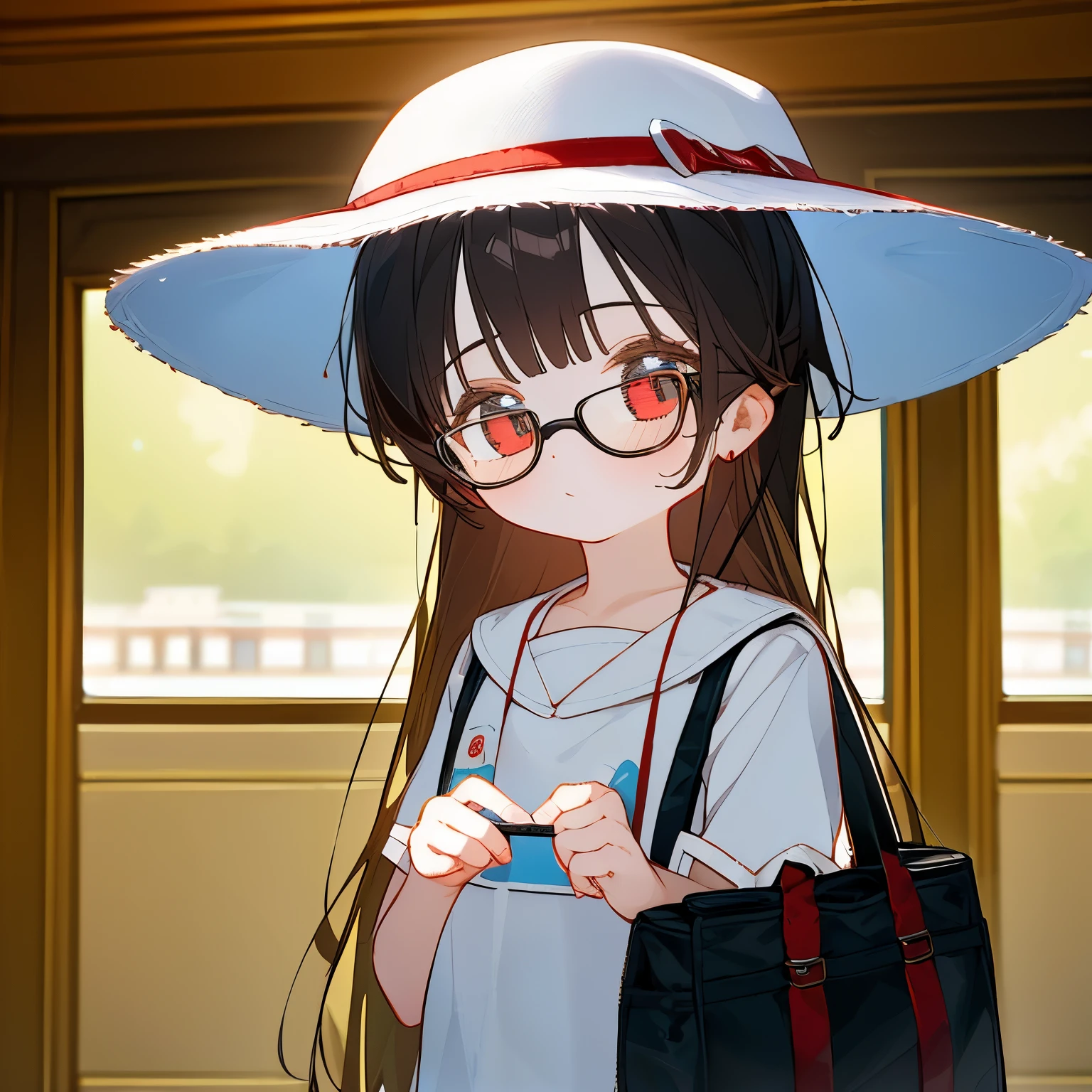 (best quality,masterpiece:1.3),((cute 1 girl:1.2)),(,:1.4), expressive eyes, perfect face, eye (red), Simple White Headphones, Bucket Hat, wolf hair Black, Round Glasses Black, Tote Bag, oversize shirt, cafe, low view