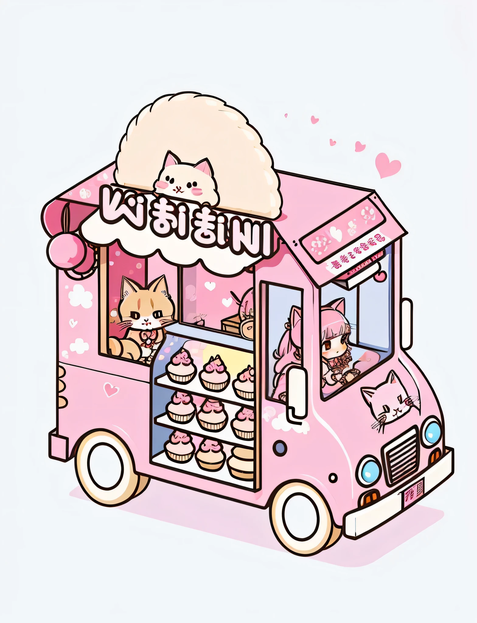 illustration of a pink food LKW with a cat inside of it, Kawaii aesthetics, cute piece of art, Japanischer Kawaii-Stil, ❤🔥🍄🌪, Niedlicher Cartoon, Krapfen, sweet colorful enchanting, Niedliche Illustration, Niedlicher Cartoon style, Kawaii japanischer Stil, kawaii niedlichster aufkleber aller zeiten, Eis! Creme! LKW!, Niedliche digitale Kunst, cute art style, kawaii