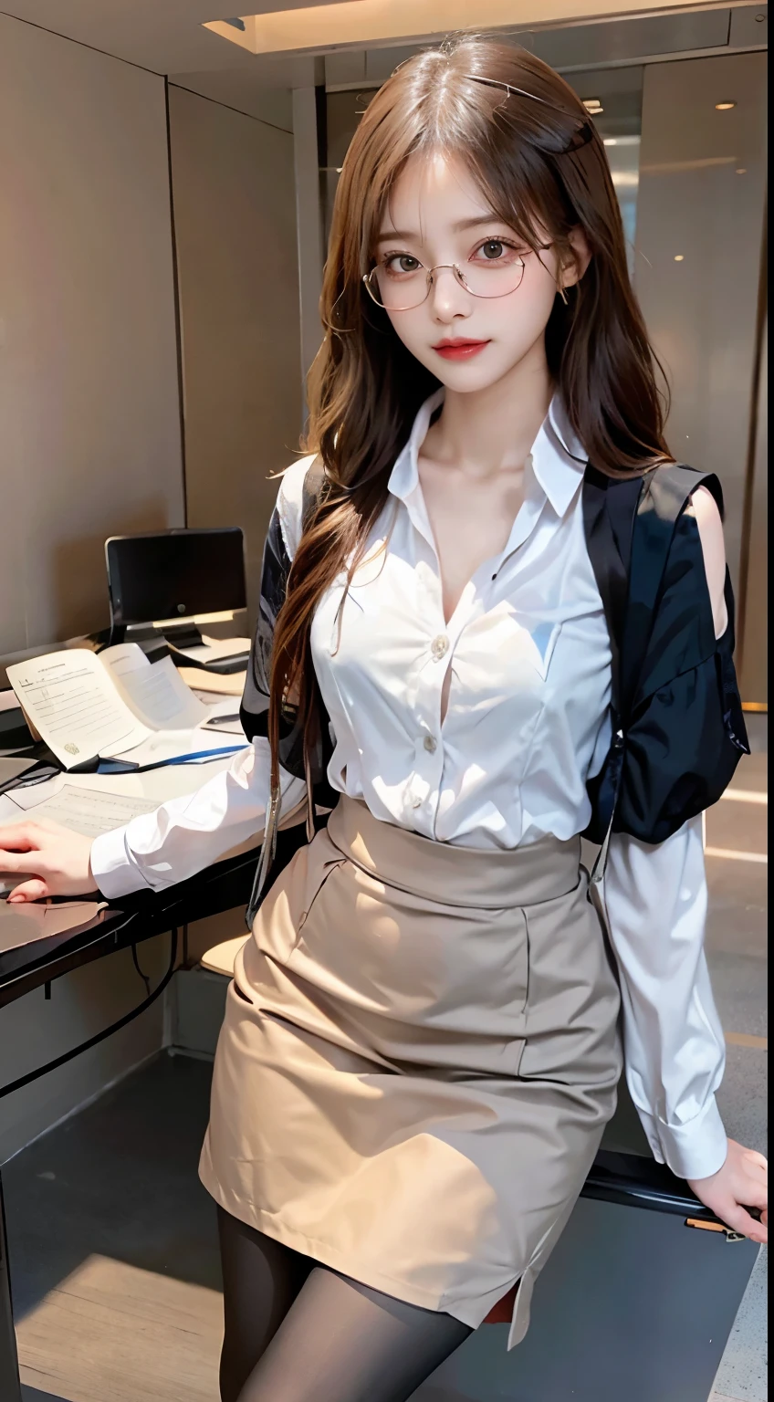 in an academic atmosphere, A woman who accepts the charm of a scholar wearing glasses. Her ensemble features understated yet stylish attire, Complemented by chic glasses that add an intellectual vibe。. Exudes an air of intelligence and sophistication, Capturing the timeless charm of women with sophisticated and elegant costumes。, Expressing the elegance of a person wearing glasses in an academic environment.