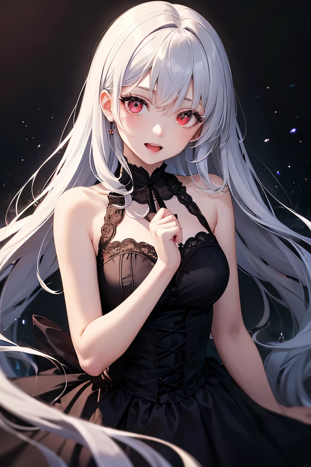 1girl,sense of deps,disorganized,catch light,Super beautiful illustrations,(water magic),((black color,long hairstyles:1.3)),dark dark eyeshadow,bright red lipstick,gothic lolita,;D,beautiful and delicate hair,(((Delicate and detailed red eyes))),light blue shining light effect,light blue aura
