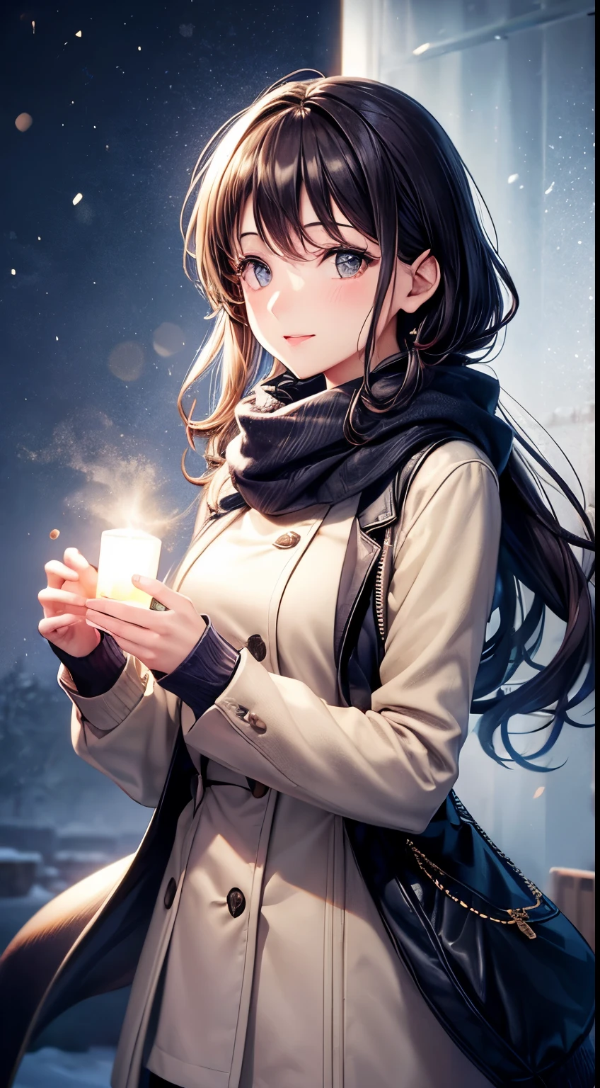 beautiful woman, 30s, winter clothes, 2d background with light effects, soft lighting