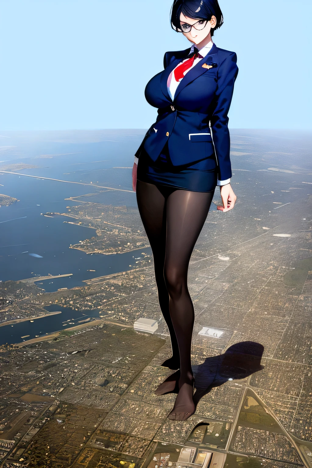 Giantの芸術, 非常に詳細なGiantショット, Giant, short hair, A high school girl who is much bigger than a skyscraper, wearing rimless glasses, big breasts, big ass, navy blue blazer, red tie, mini skirt, black pantyhose, pantyhose barefoot, very small metropolis, miniature metropolis, crush the big city, full body description, GTS, ギガGiant, Stomping City, crash city, Small town, micro city, High resolution, highest quality, masterpiece,