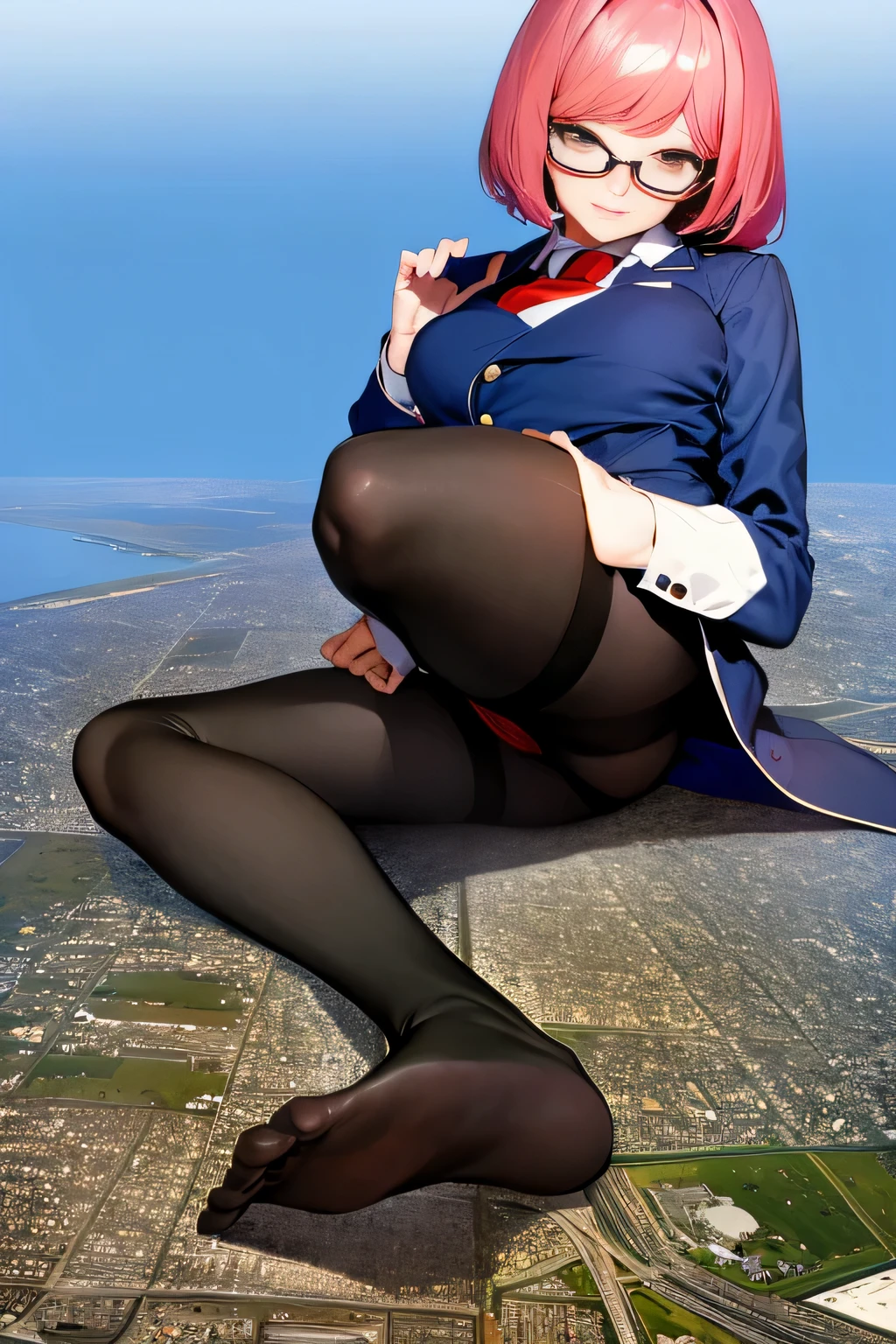 Giantの芸術, 非常に詳細なGiantショット, Giant, short hair, A high school girl who is much bigger than a skyscraper, wearing rimless glasses, big breasts, big ass, navy blue blazer, red tie, mini skirt, black pantyhose, pantyhose barefoot, very small metropolis, miniature metropolis, crush the big city, full body description, GTS, ギガGiant, Stomping City, crash city, Small town, micro city, High resolution, highest quality, masterpiece,