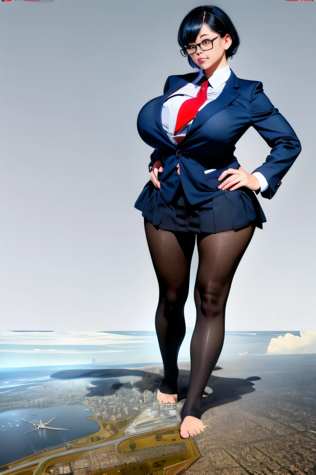 Giantの芸術, 非常に詳細なGiantショット, Giant, short hair, A high school girl who is much bigger than a skyscraper, wearing rimless glasses, big breasts, big ass, navy blue blazer, red tie, mini skirt, black pantyhose, pantyhose barefoot, Showing the soles of the feet, very small metropolis, miniature metropolis, crush the big city, full body description, ＧＴＳ, ギガGiant, Stomping City, crash city, Small town, micro city, High resolution, highest quality, masterpiece, 