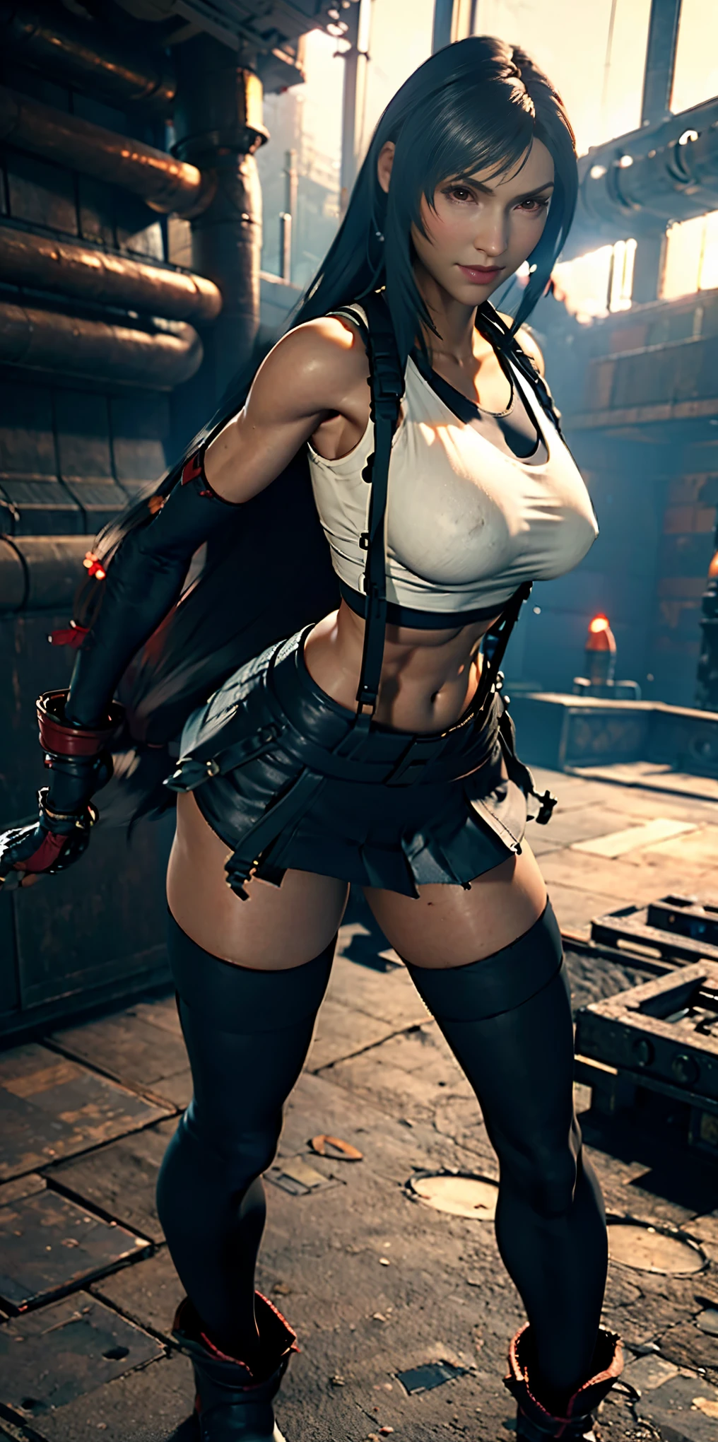 (8k, best quality, masterpiece:1.2), (realistic, photo-realistic:1.37), (full body), 1female solo girl, standing, legs apart, (wide stance) standing contrapposto, ultra-detailed, 1 girl,cute, solo, (tifa lockhart), (large breasts:1.5), (beautiful detailed eyes), (smile:1.2), (closed mouth), sharp focus, depth of field, good composition, Final Fantasy VII, very long straight hair, hair bang, ((red_eyes)), intricate, bokeh, (Tetsuya Nomura style), perfect breasts, white tank top, black thong, suspenders, gloves, stockings, toned body, athletic, wide hips, thin waist, toned arms, exposed abdomen, view from behind