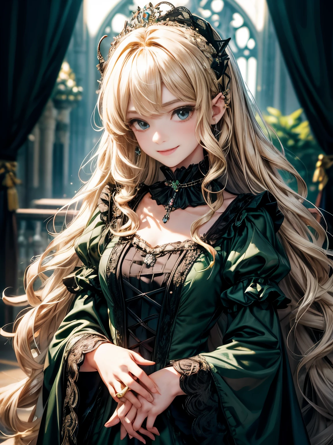 prompt: 8K resolution, delicate features, , single, mature woman, smile, blonde,long curly hair, princess cut, Small hair ornament, brooch, Shiny dark green mini dress, gothic style, Folded hands, Please look into the camera