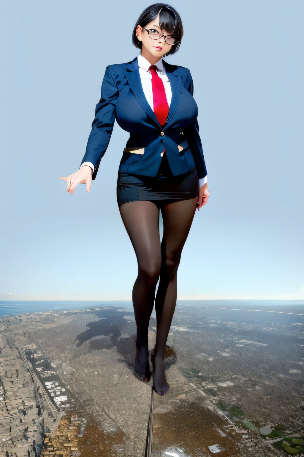 Giantの芸術, 非常に詳細なGiantショット, Giant, short hair, A high school girl who is much bigger than a skyscraper, wearing rimless glasses, big breasts, big ass, navy blue blazer, red tie, mini skirt, black pantyhose, pantyhose barefoot, Showing the soles of the feet, very small metropolis, miniature metropolis, crush the big city, full body description, GTS, ギガGiant, Stomping City, crash city, Small town, micro city, High resolution, highest quality, masterpiece,
