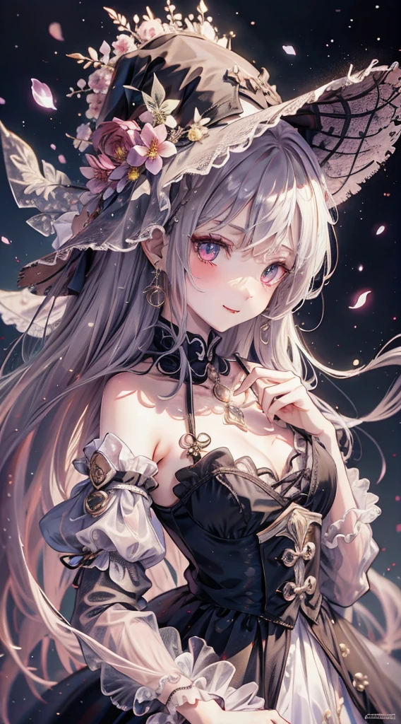 masterpiece, highest quality, 1 girl, witch, witchの帽子, Magical girl,black clothes, long pink hair, glowing red eyes, white skin, Slender, magic wand, smile, High Fantasy,dreamy digital painting, magical colors and atmosphere,soft light, fantasy art,small breasts,sideways glance,,short,wonderful spring flower mood