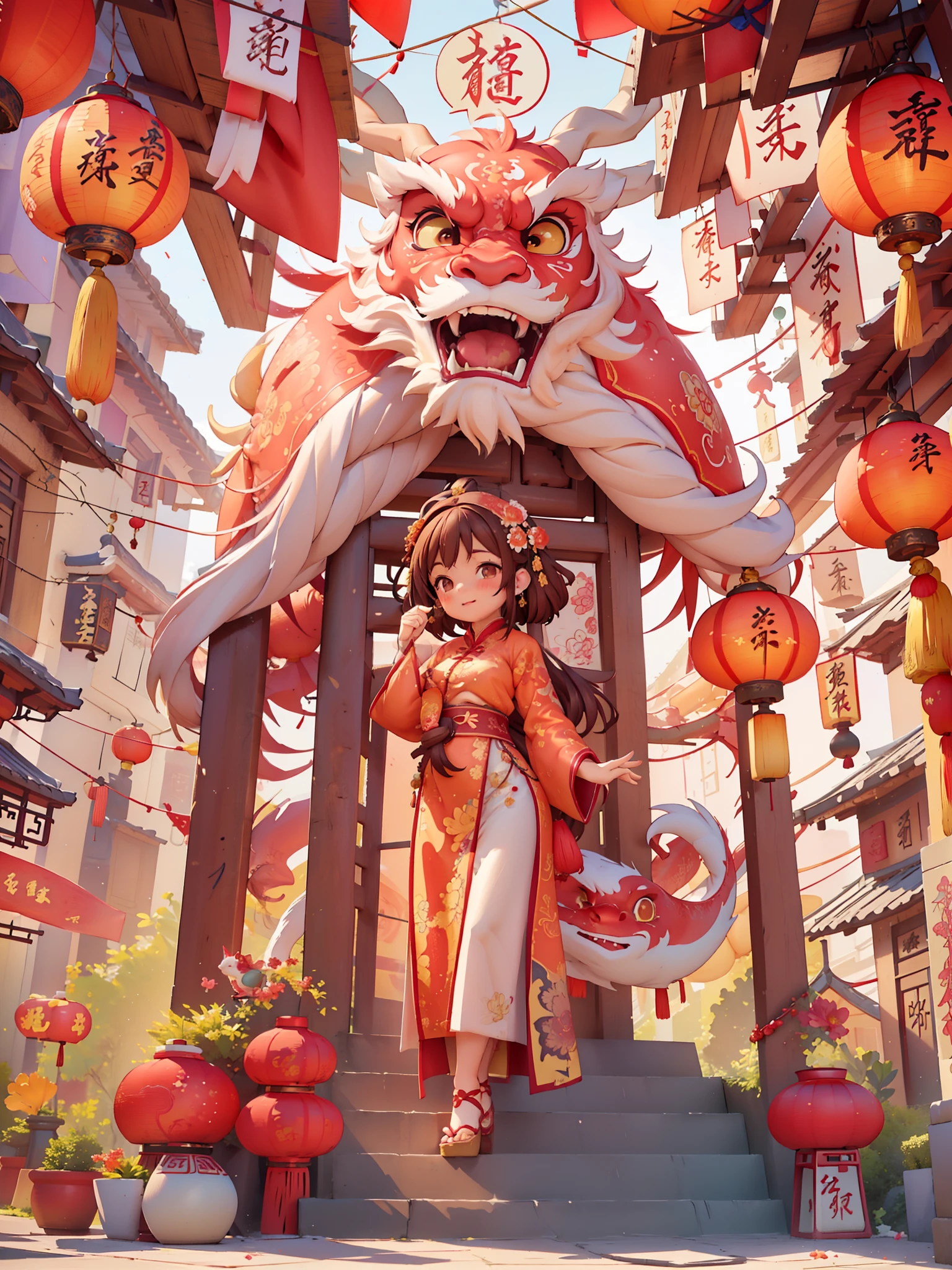 （masterpiece，quality，Best quality，official art，Beauty and aesthetics：1.2），（1 cute girl：1.3），The content is very detailed，alone，CNY,（fractal art：1.1），（a color：1.1）（blooming flowers：1.3），most detailed，（ tangled:1.2), (dynamic poses), (abstract background:1.3), (Chinese fabric:1.2), Hanfu，(skin glowing), (Many colors:1.4), Decorative painting：1.6，），brown hair,hair accessories, light,ink画和ink画，ink，Double tail,Chinese clothes,red background,Big red lanterns hung high，Holding red carp