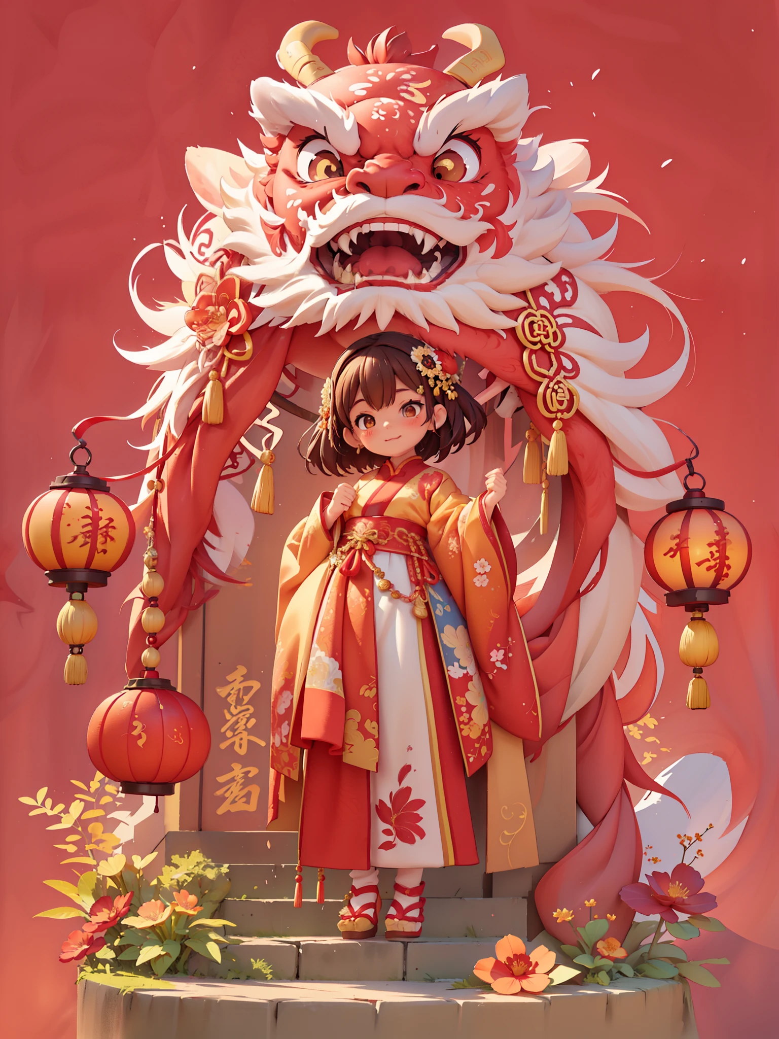 （masterpiece，quality，Best quality，official art，Beauty and aesthetics：1.2），（1 cute girl：1.3），The content is very detailed，alone，CNY,（fractal art：1.1），（a color：1.1）（blooming flowers：1.3），most detailed，（ tangled:1.2), (dynamic poses), (abstract background:1.3), (Chinese fabric:1.2), Hanfu，(skin glowing), (Many colors:1.4), Decorative painting：1.6，），brown hair,hair accessories, light,ink画和ink画，ink，Double tail,Chinese clothes,red background,Big red lanterns hung high，Holding red carp