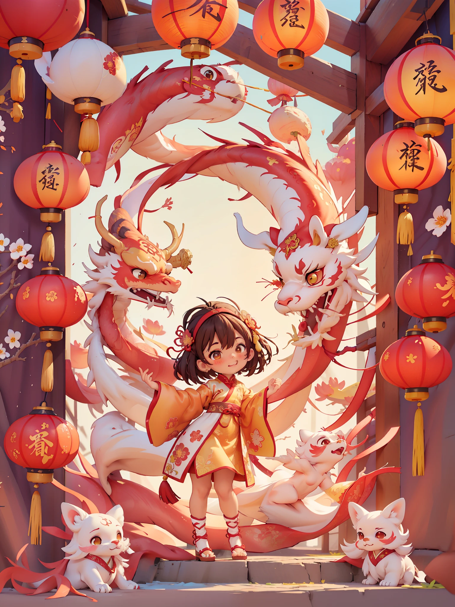 （masterpiece，quality，Best quality，official art，Beauty and aesthetics：1.2），（1 cute girl：1.3），The content is very detailed，alone，CNY,（fractal art：1.1），（a color：1.1）（blooming flowers：1.3），most detailed，（ tangled:1.2), (dynamic poses), (abstract background:1.3), (Chinese fabric:1.2), Hanfu，(skin glowing), (Many colors:1.4), Decorative painting：1.6，），brown hair,hair accessories, light,ink画和ink画，ink，Double tail,Chinese clothes,red background,Big red lanterns hung high，Holding red carp