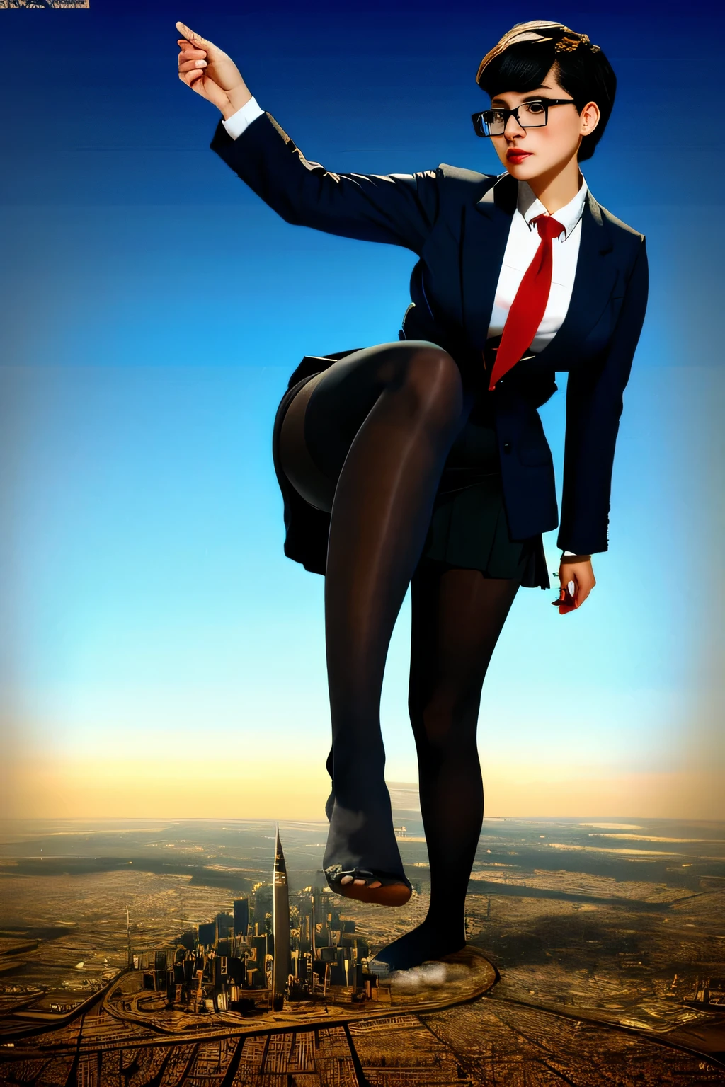 Giantの芸術, 非常に詳細なGiantショット, Giant, short hair, A high school girl who is much bigger than a skyscraper, wearing rimless glasses, ???????????, big ???, navy blue blazer, red tie, mini skirt, black pantyhose, pantyhose barefoot, Steam comes out from the soles of the feet, very small metropolis, miniature metropolis, crush the big city, full body description, ＧＴＳ, ギガGiant, Stomping City, crash city, Small town, micro city, High resolution, highest quality, masterpiece, 