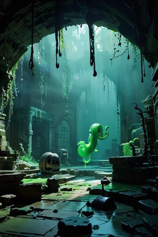 cave、ancient ruins、dim、Slime、slimy magical creature、bones floating in liquid、ほのかに光っているSlime、spooky、horror