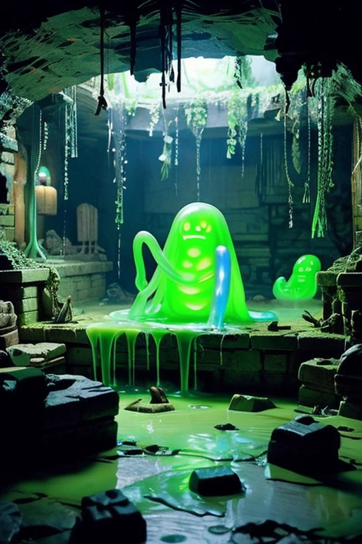 cave、ancient ruins、dim、Slime、slimy magical creature、bones floating in liquid、ほのかに光っているSlime、spooky、horror