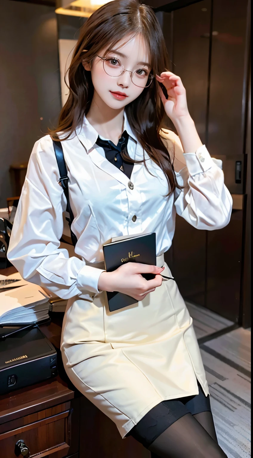 in an academic atmosphere, A woman who accepts the charm of a scholar wearing glasses. Her ensemble features understated yet stylish attire, Complemented by chic glasses that add an intellectual vibe。. Exudes an air of intelligence and sophistication, Capturing the timeless charm of women with sophisticated and elegant costumes。, Expressing the elegance of a person wearing glasses in an academic environment.