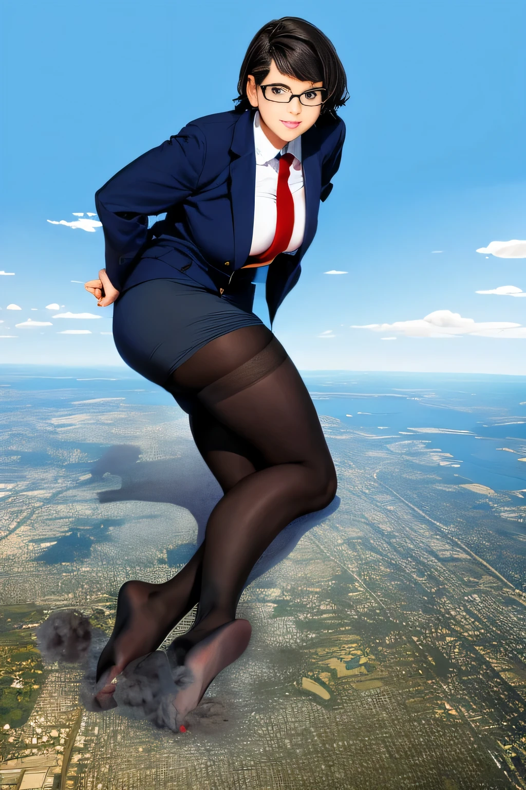 Giantの芸術, 非常に詳細なGiantショット, Giant, short hair, A high school girl who is much bigger than a skyscraper, wearing rimless glasses, big breasts, big ass, navy blue blazer, red tie, mini skirt, black pantyhose, pantyhose barefoot, Steam comes out from the soles of the feet, very small metropolis, miniature metropolis, crush the big city, full body description, ＧＴＳ, ギガGiant, Stomping City, crash city, Small town, micro city, High resolution, highest quality, masterpiece, 