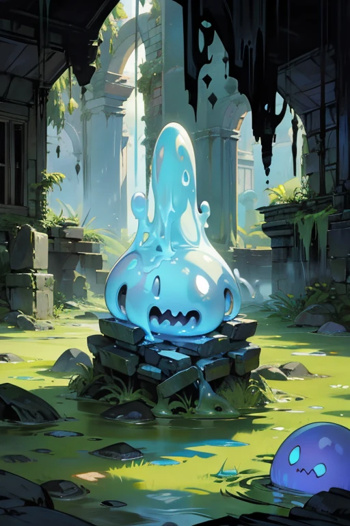 cave、ancient ruins、dim、Slime、slimy magical creature、bones floating in liquid、ほのかに光っているSlime、spooky、horror