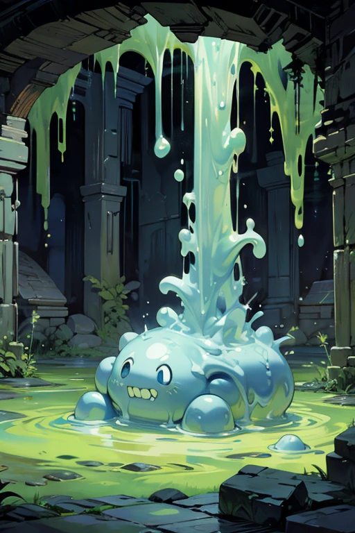 cave、ancient ruins、dim、Slime、slimy magical creature、bones floating in liquid、ほのかに光っているSlime、spooky、horror