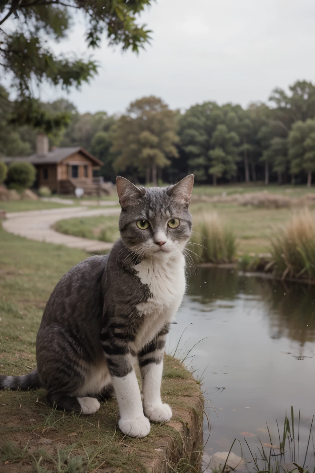 A light grey fluffy cat with dark grey speckles on his nose bridge he has green eyes and he stands in a grassy Moore area with a pond far in the background.