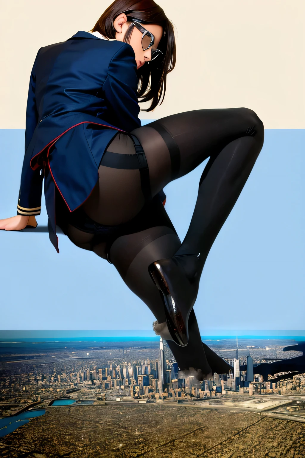 Giantの芸術, 非常に詳細なGiantショット, Giant, short hair, A high school girl who is much bigger than a skyscraper, wearing rimless glasses, , big ass, navy b blazer, red tie, mini skirt, black pantyhose, pane barefoot,m comes out from the soles of the feet, very small metropolis, miniature metropolis, crush the big city, full body description, GTS, ギガGiant, Stomping City, crash city, Small town, micro city, High resolution, highest quality, masterpiece,