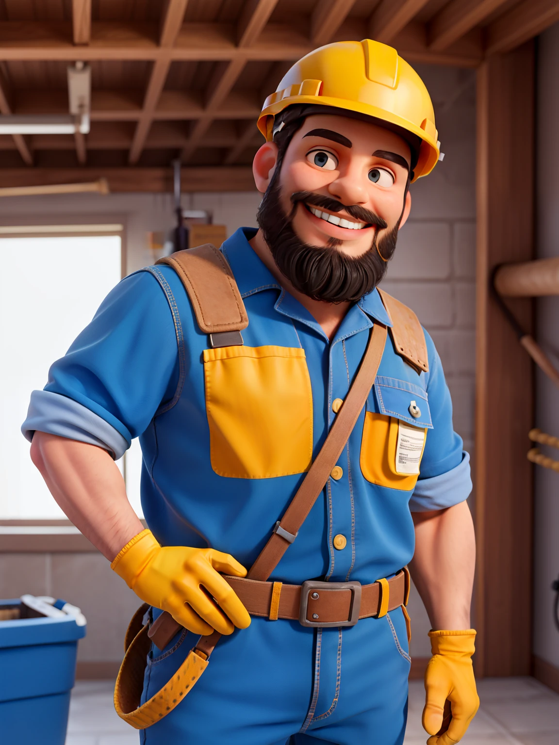 masterpiece, best quality,A man with a beard,with a big smile on its face,Caesar Andrade Faini,clean background,Site workers,Blue work jumpsuit,yellow construction site helmet waiting to start,indoor