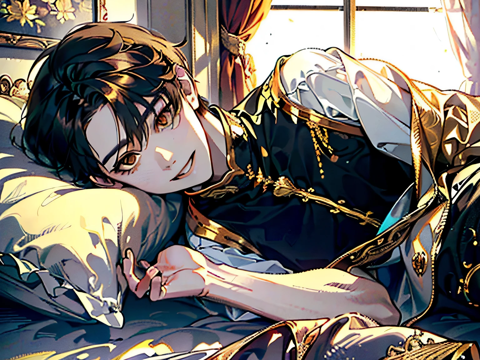 top quality, High image quality, masterpiece, golden eyes,Upper body, hair,bronzed skin,, smiling,squint,