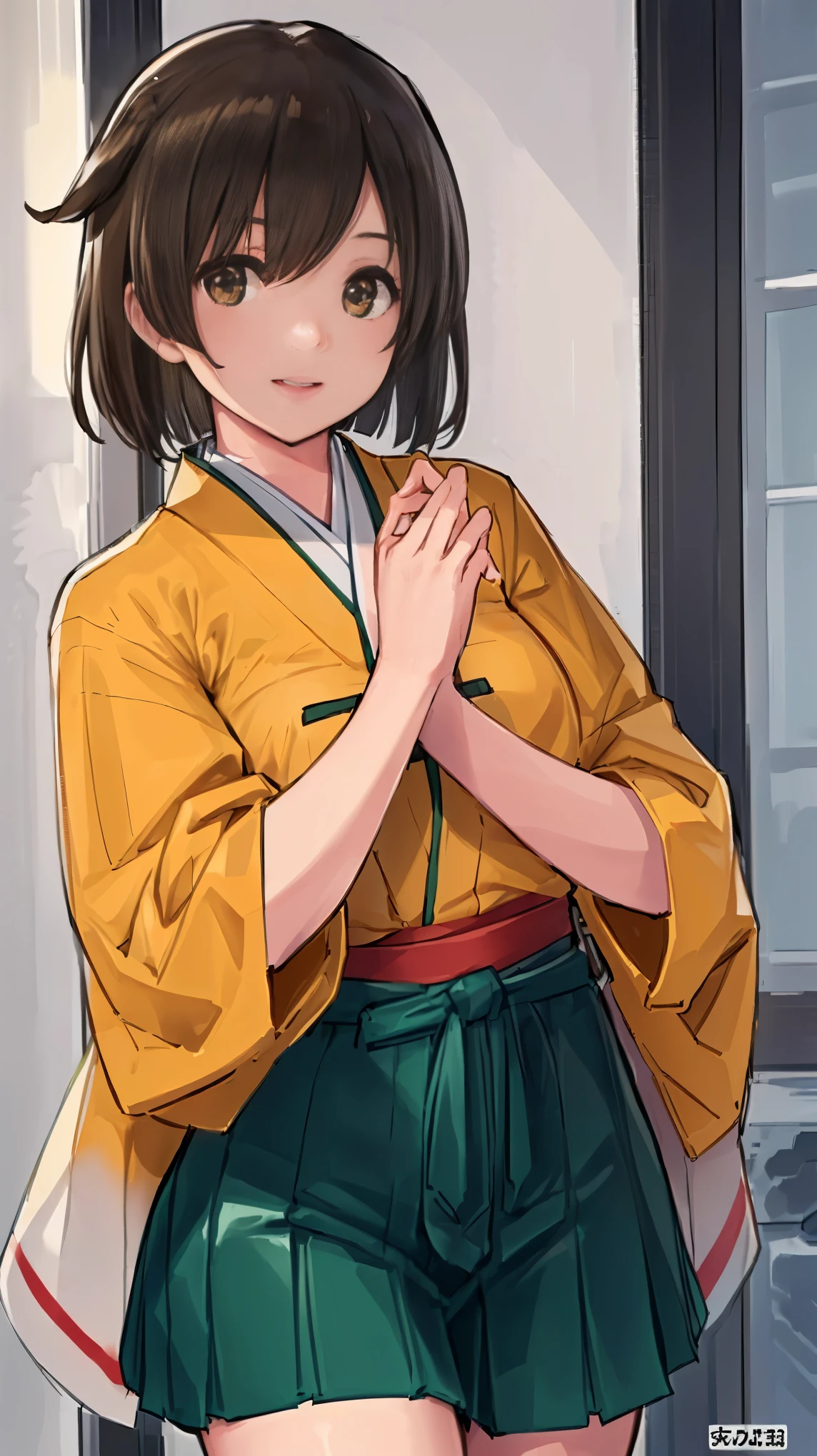 (masterpiece), (best quality), (ultra-detailed), photorealistic, (best illustration), (an extremely delicate and beautiful),finely detailed beautiful eyes: 1.2)1girl, hiryuukc, orange kimono, one side up, brown eyes, brown hair, green hakama, hakama short skirt,  smile, cowboy shot, Very Fine Eyes Very Fine Face、Insanely detailed body、Extremely fine skin, very elaborate hair ornament, Precisely shaped body and hands